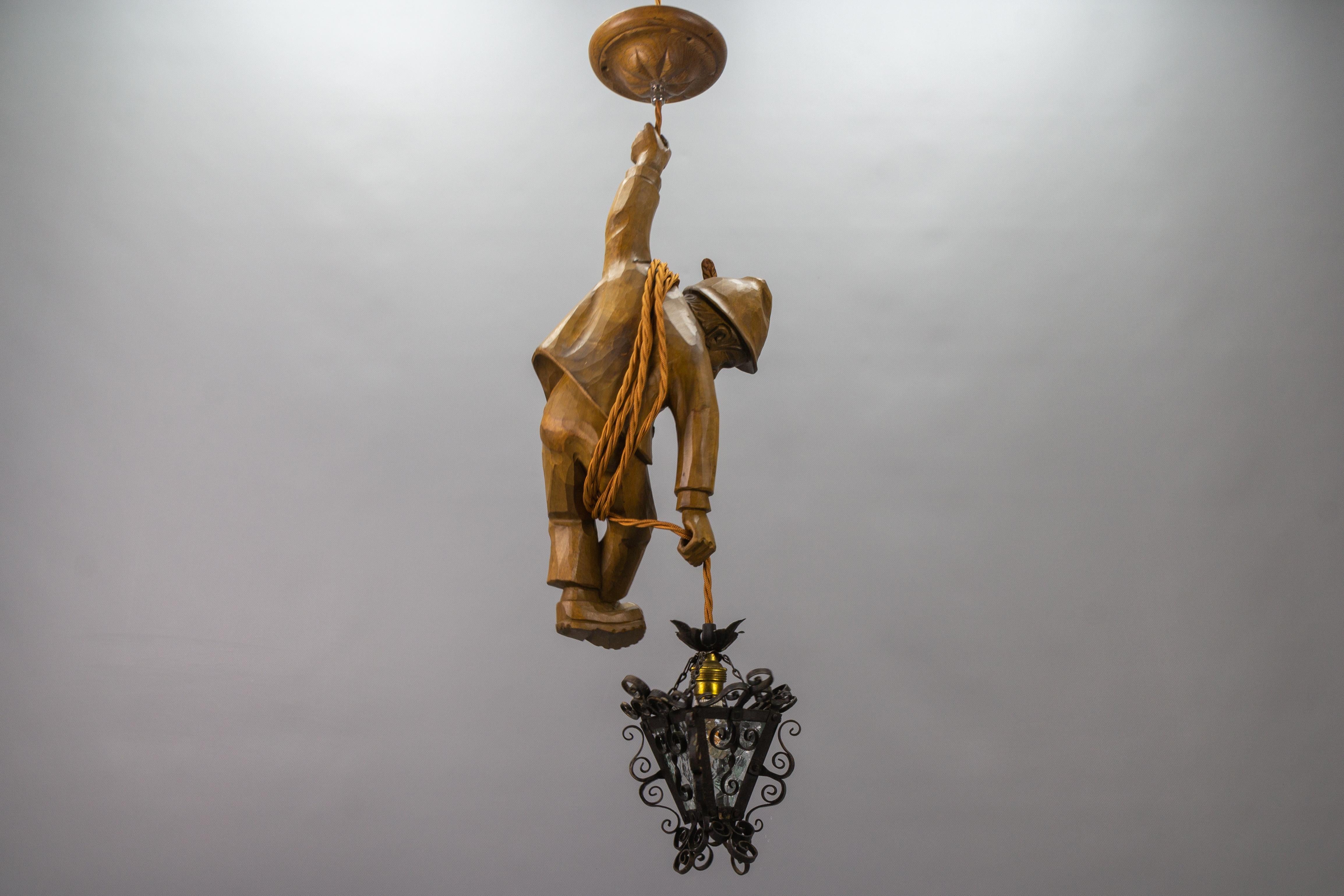 German Pendant Light Hand Carved Wooden Figure Mountain Climber with Lantern For Sale 3