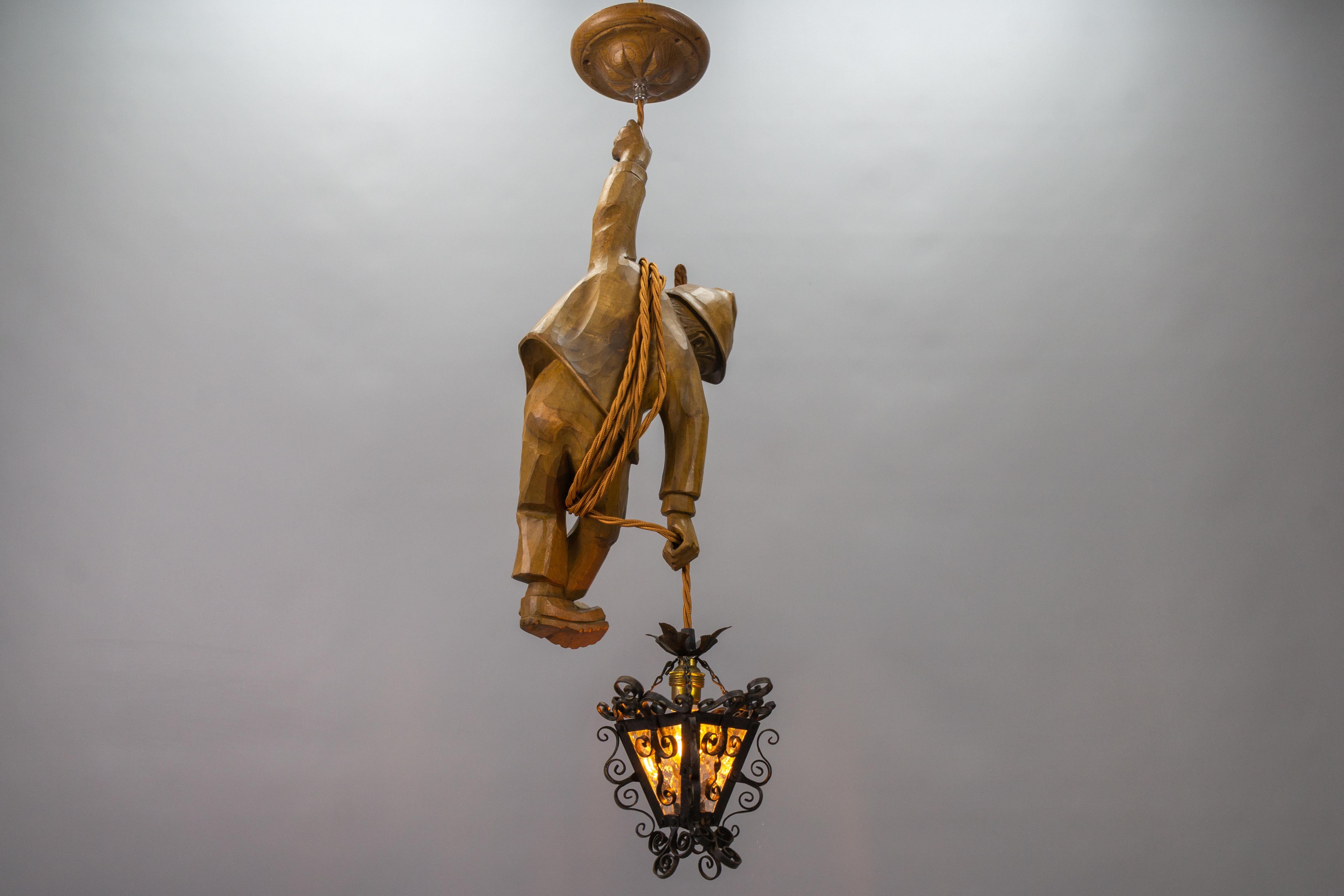 German Pendant Light Hand Carved Wooden Figure Mountain Climber with Lantern For Sale 4