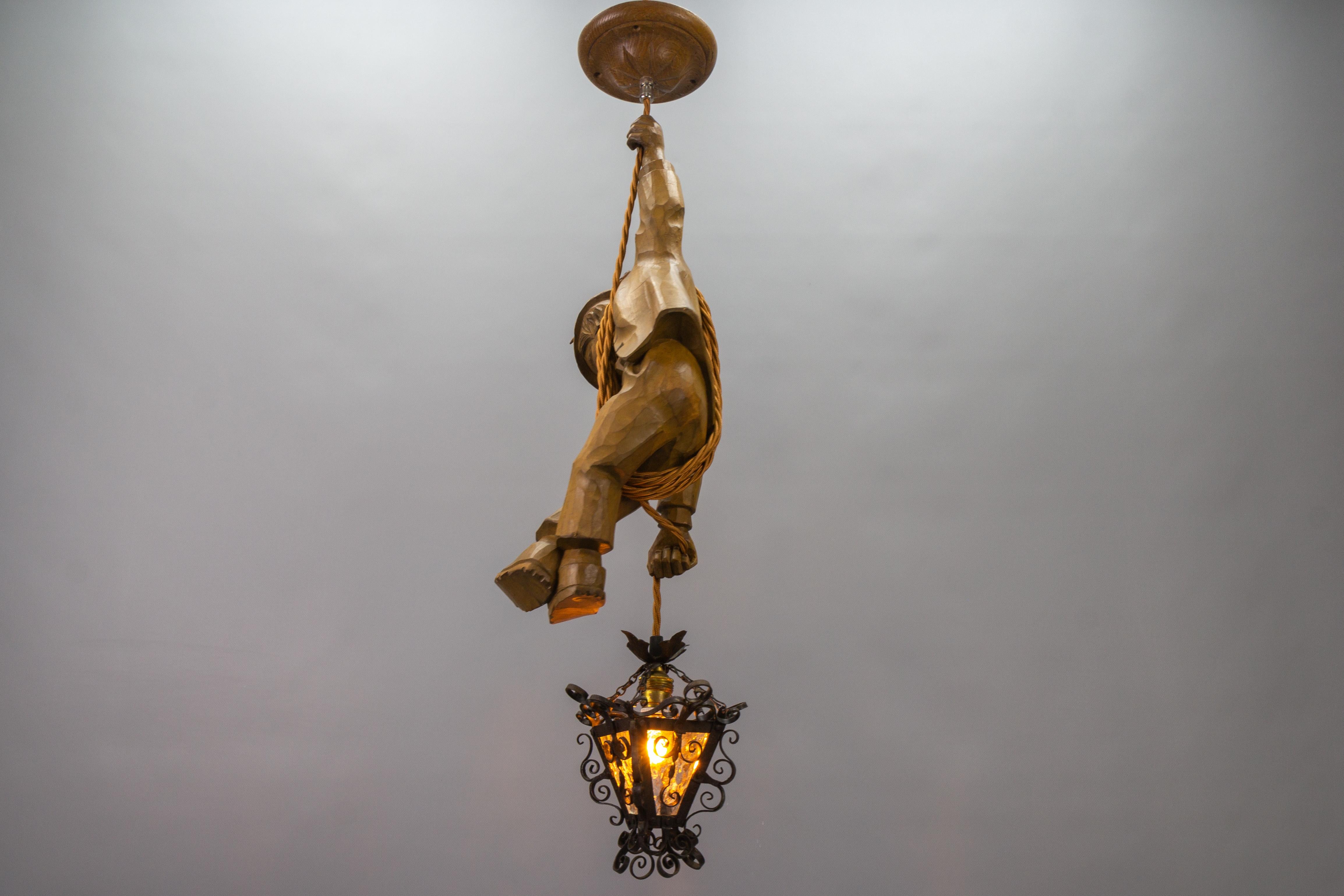 German Pendant Light Hand Carved Wooden Figure Mountain Climber with Lantern For Sale 5