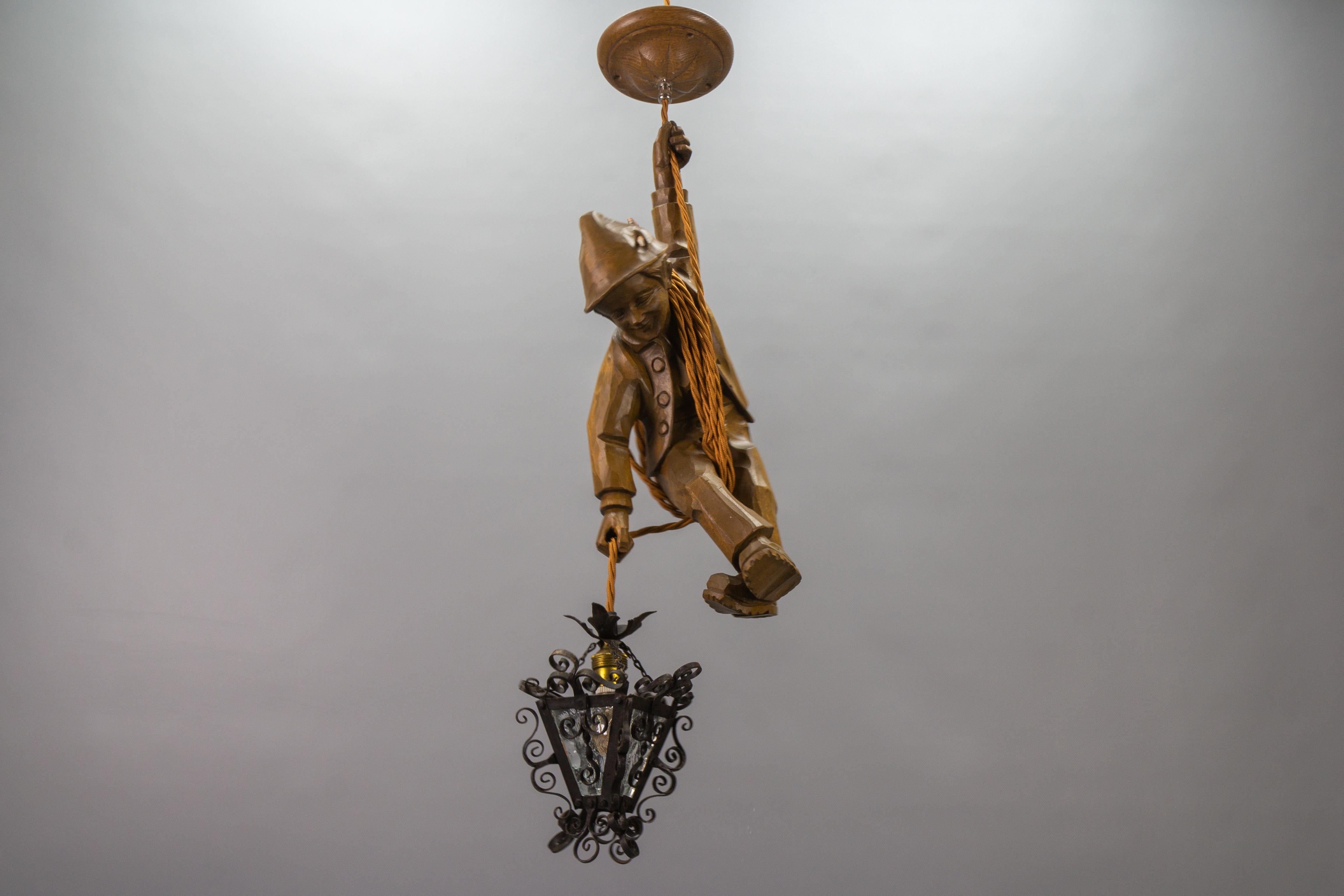 German Pendant Light Hand Carved Wooden Figure Mountain Climber with Lantern For Sale 7