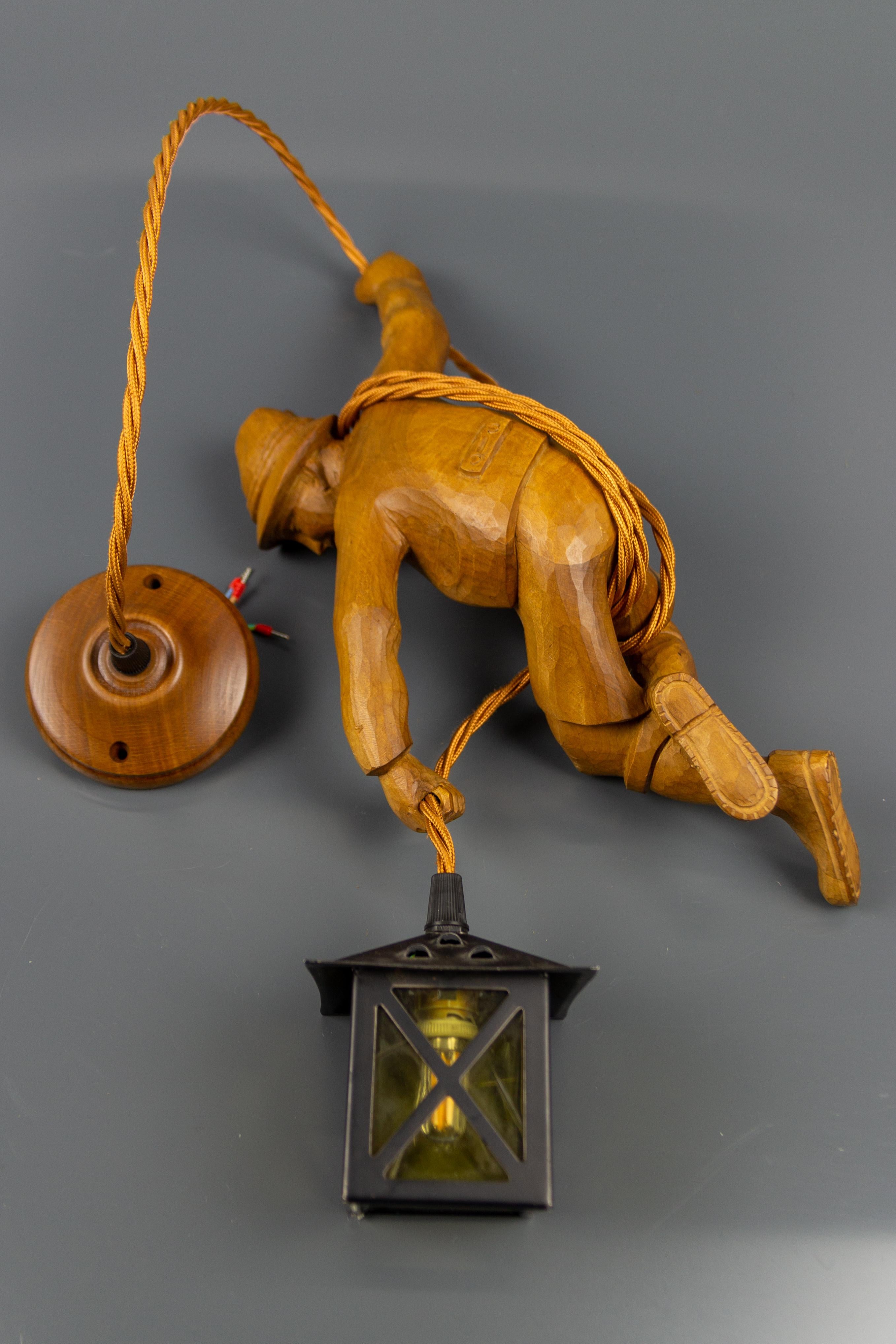 German Pendant Light Hand Carved Wooden Figure Mountain Climber with Lantern 11