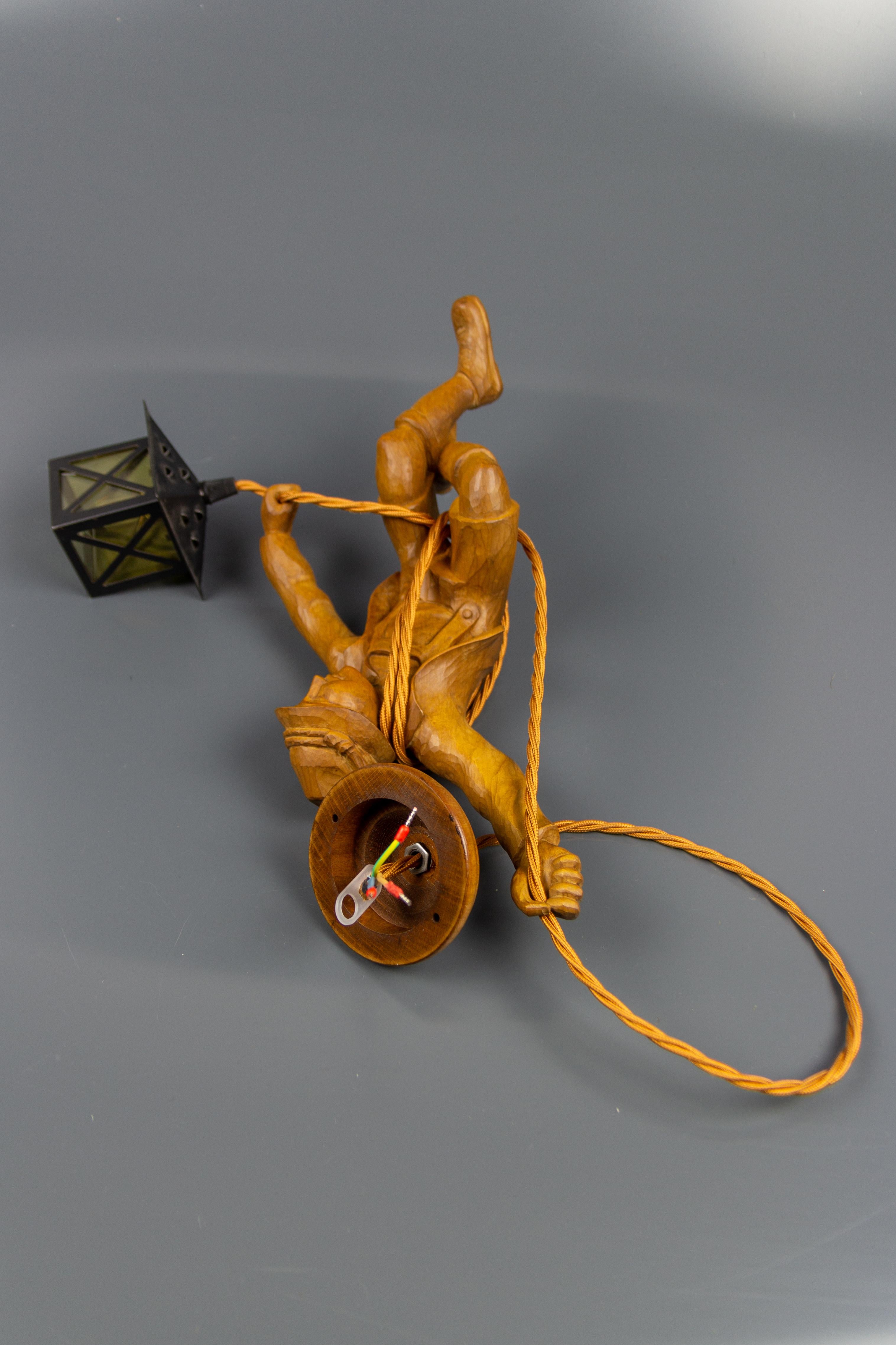 German Pendant Light Hand Carved Wooden Figure Mountain Climber with Lantern 12