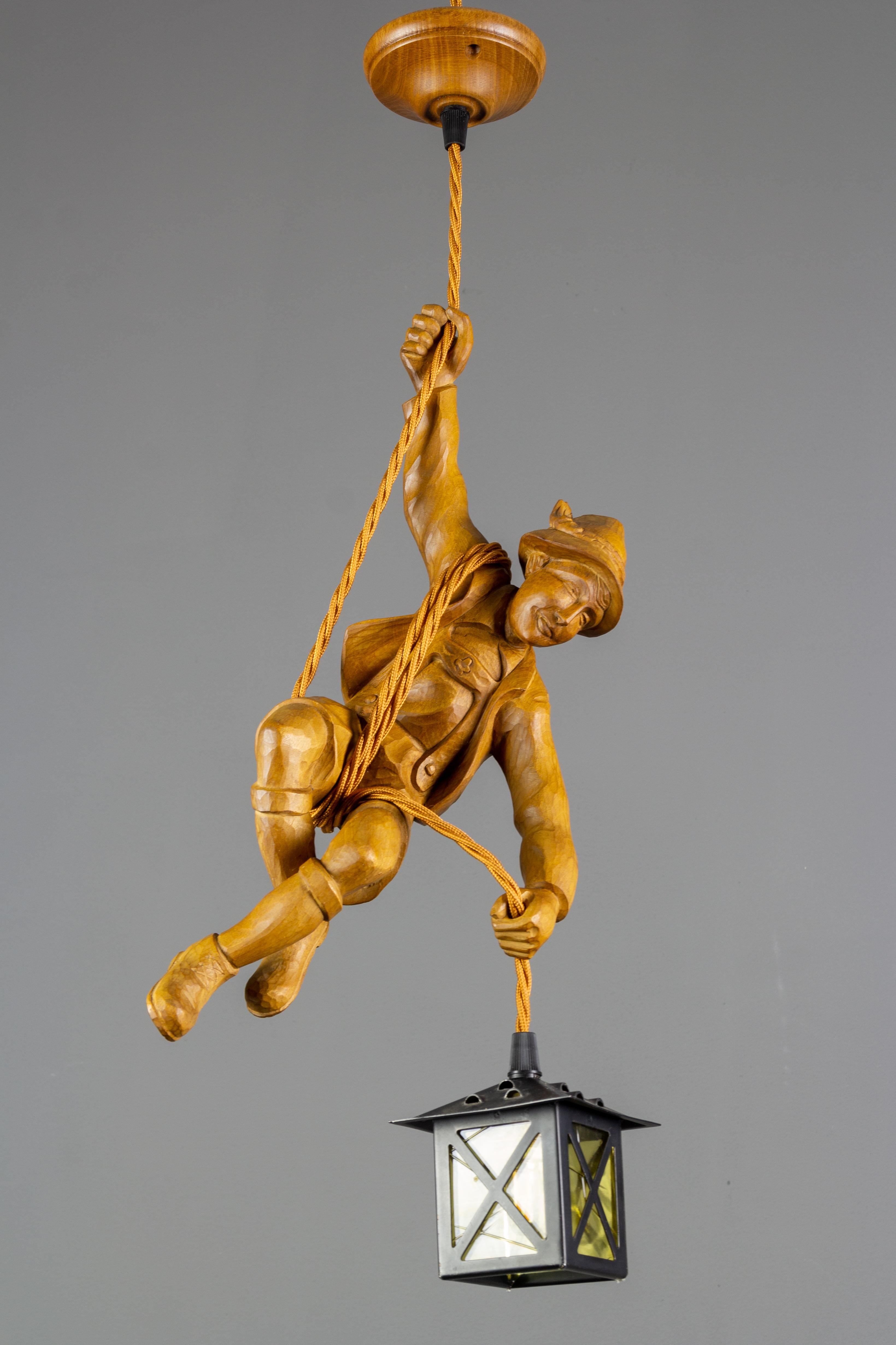 German Pendant Light Hand Carved Wooden Figure Mountain Climber with Lantern In Good Condition In Barntrup, DE