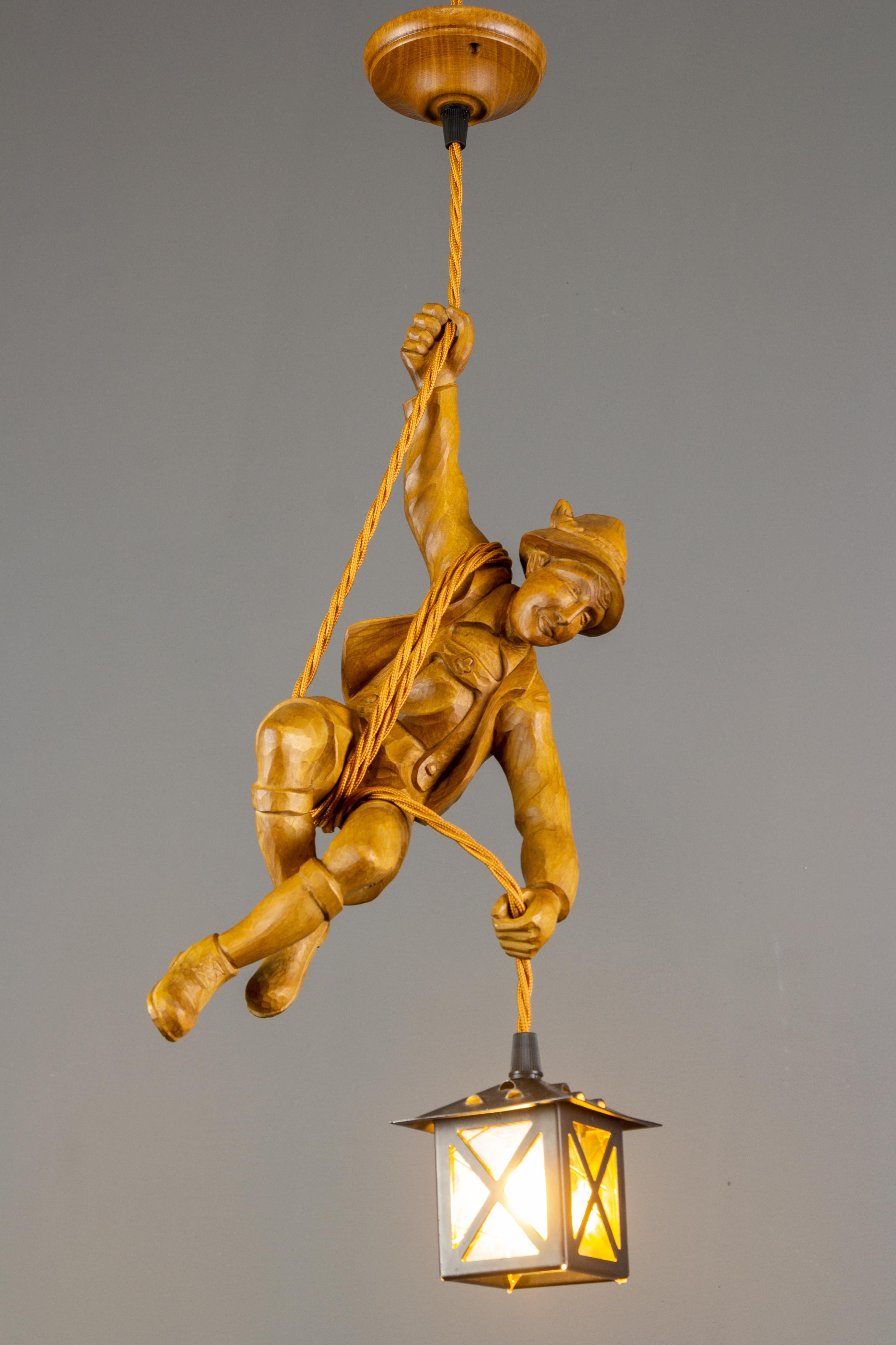 Mid-20th Century German Pendant Light Hand Carved Wooden Figure Mountain Climber with Lantern