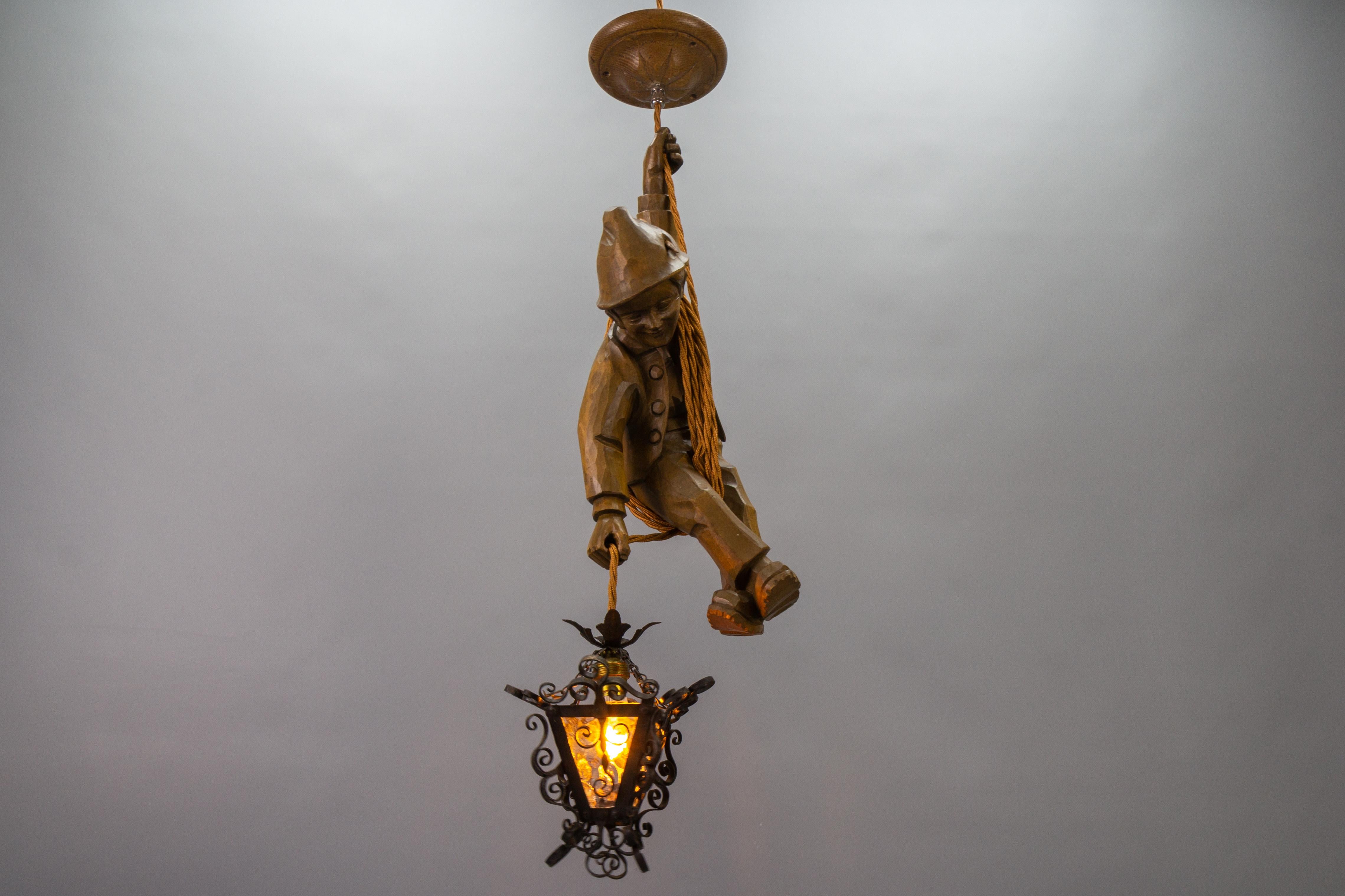 Metal German Pendant Light Hand Carved Wooden Figure Mountain Climber with Lantern For Sale