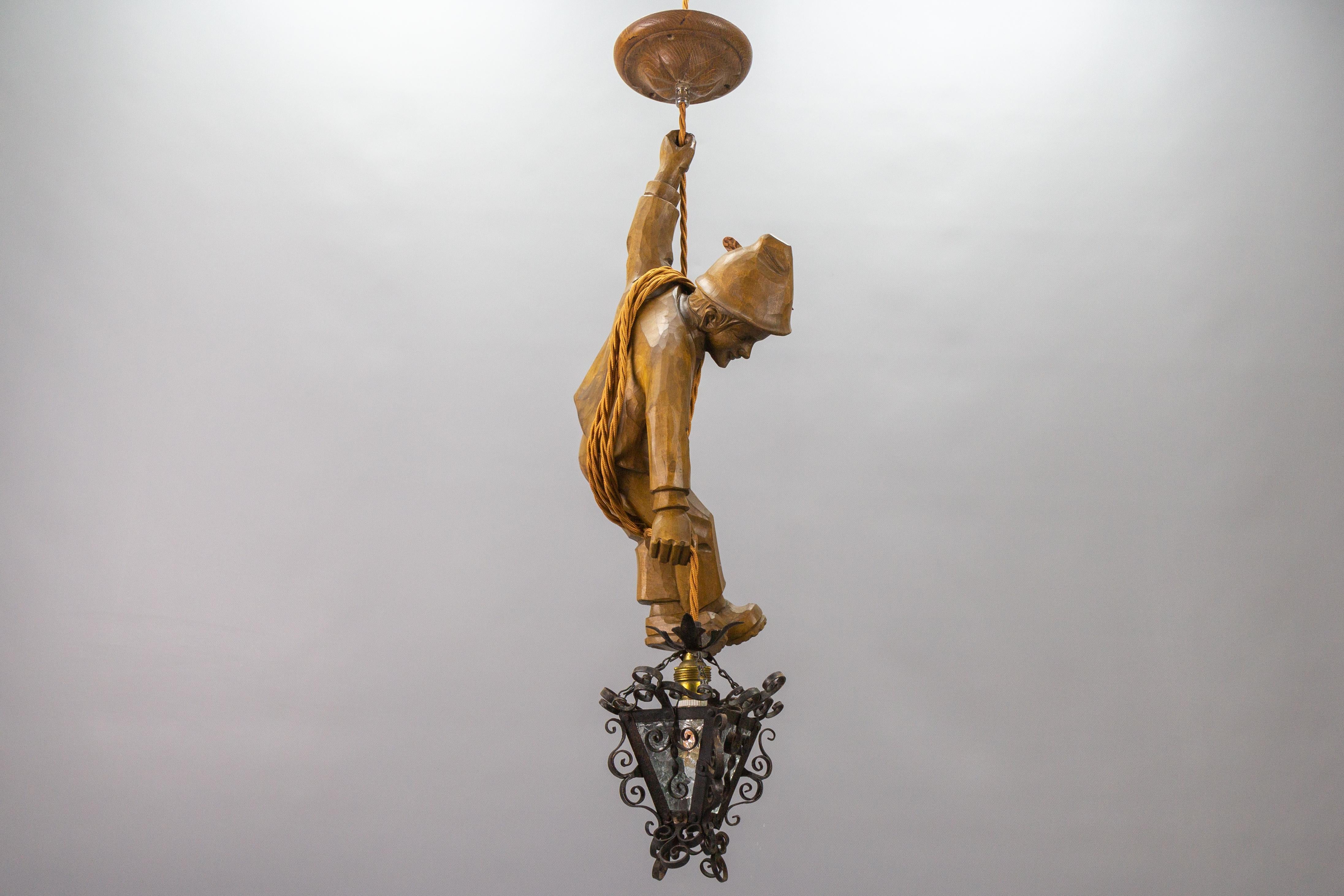 German Pendant Light Hand Carved Wooden Figure Mountain Climber with Lantern For Sale 2