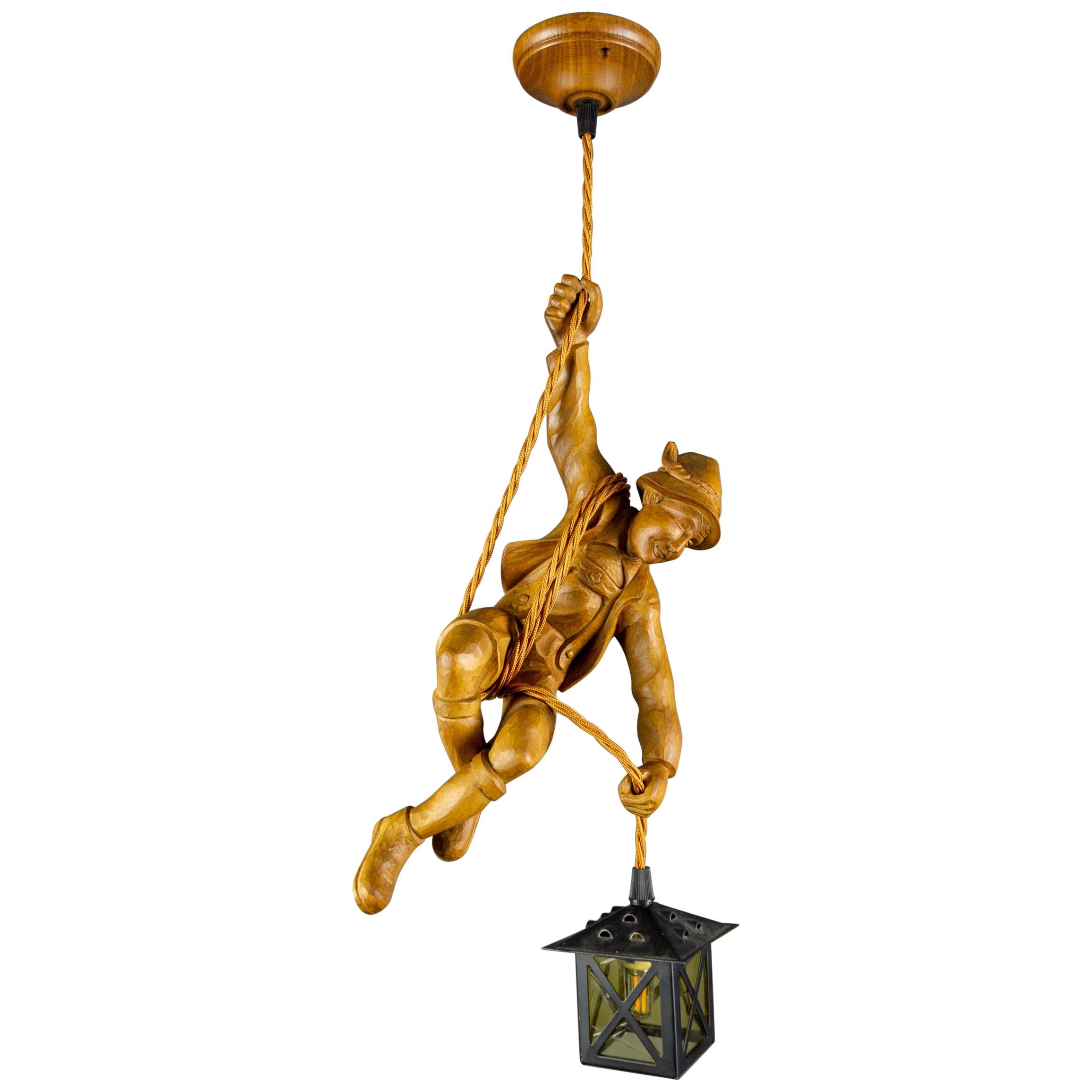 German Pendant Light Hand Carved Wooden Figure Mountain Climber with Lantern