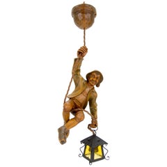 Vintage German Pendant Light of a Hand Carved Wood Figure Mountain Climber with Lantern