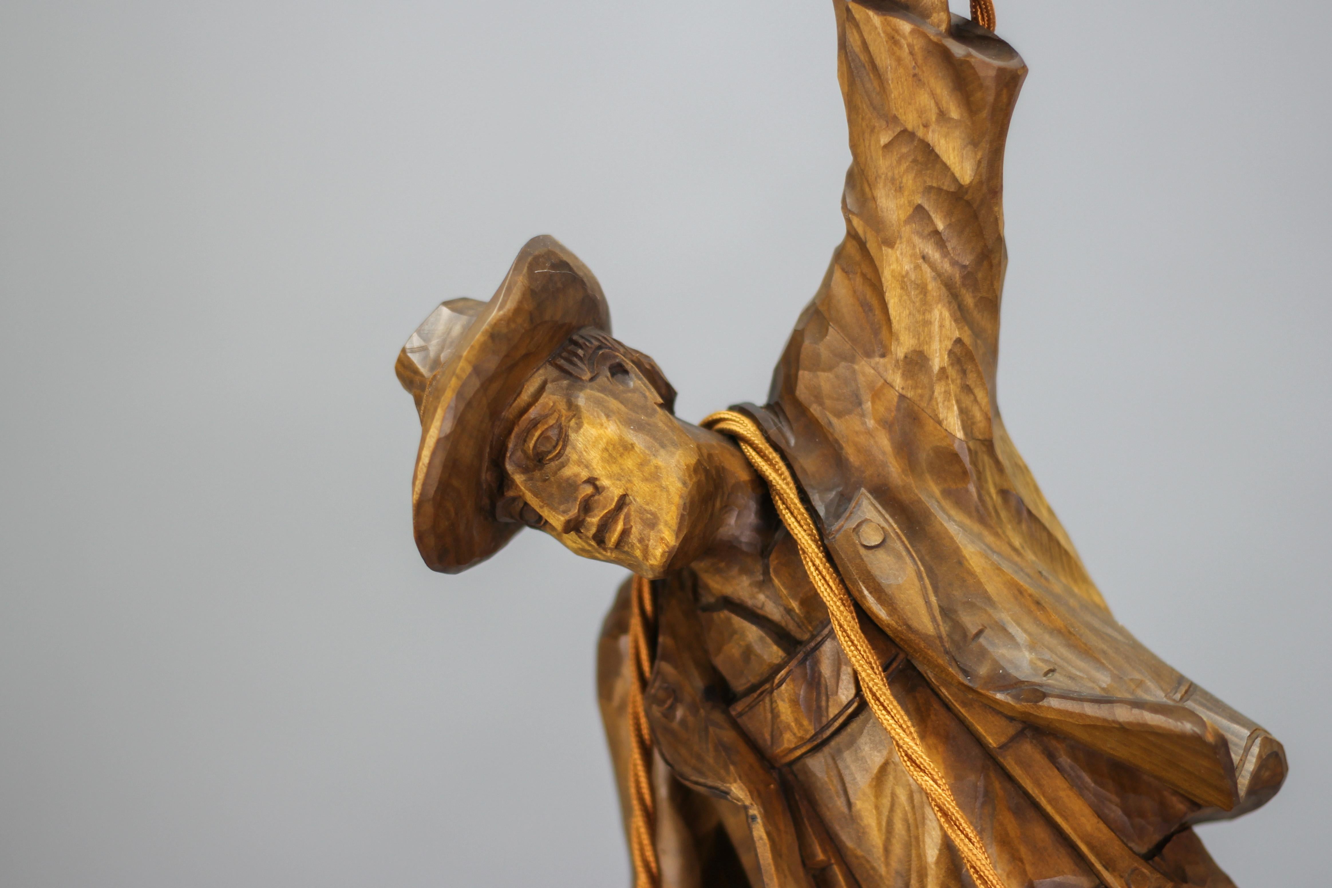 German Pendant Light with a Carved Wooden Figure of Mountain Climber and Lantern 3