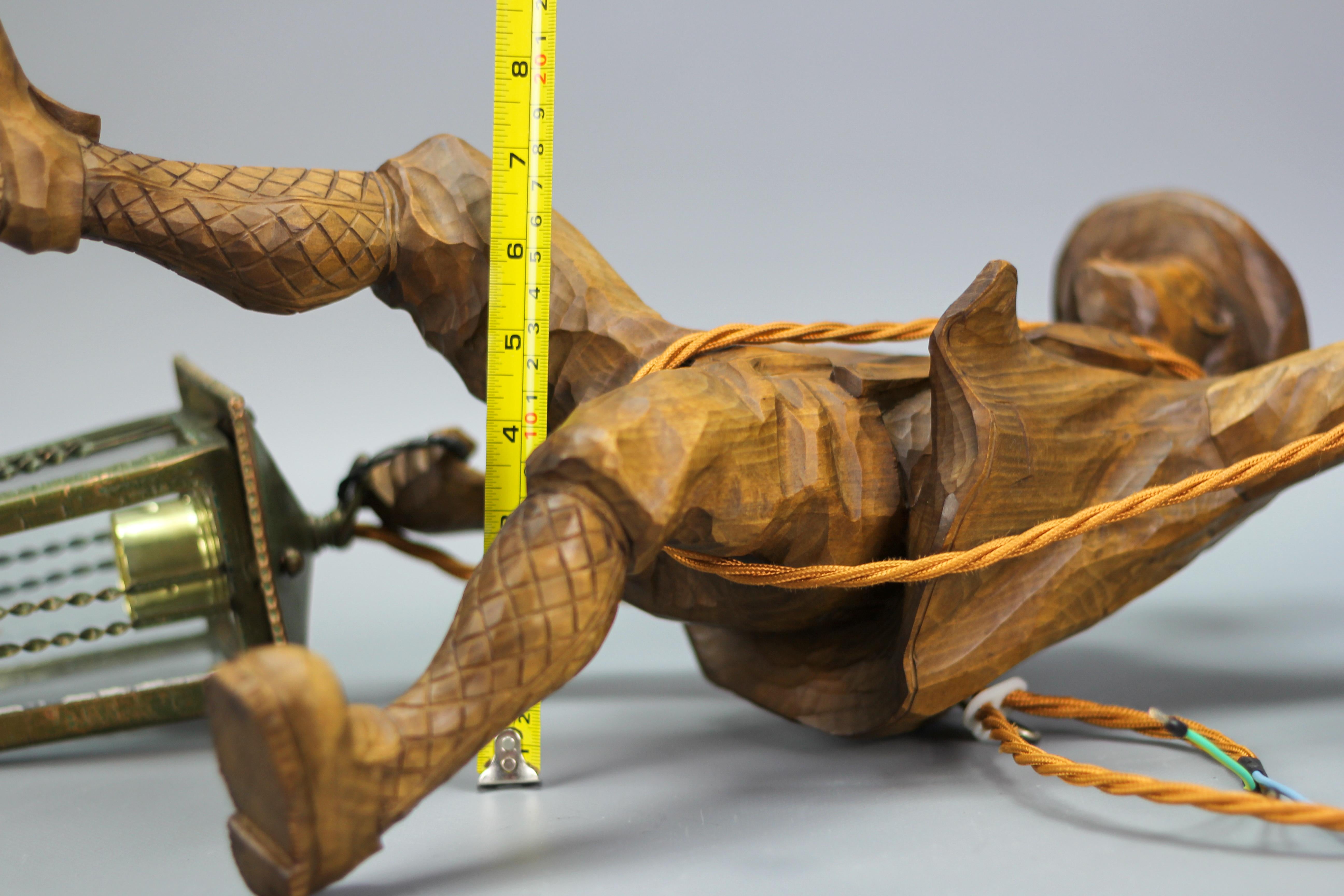 German Pendant Light with a Carved Wooden Figure of Mountain Climber and Lantern 9