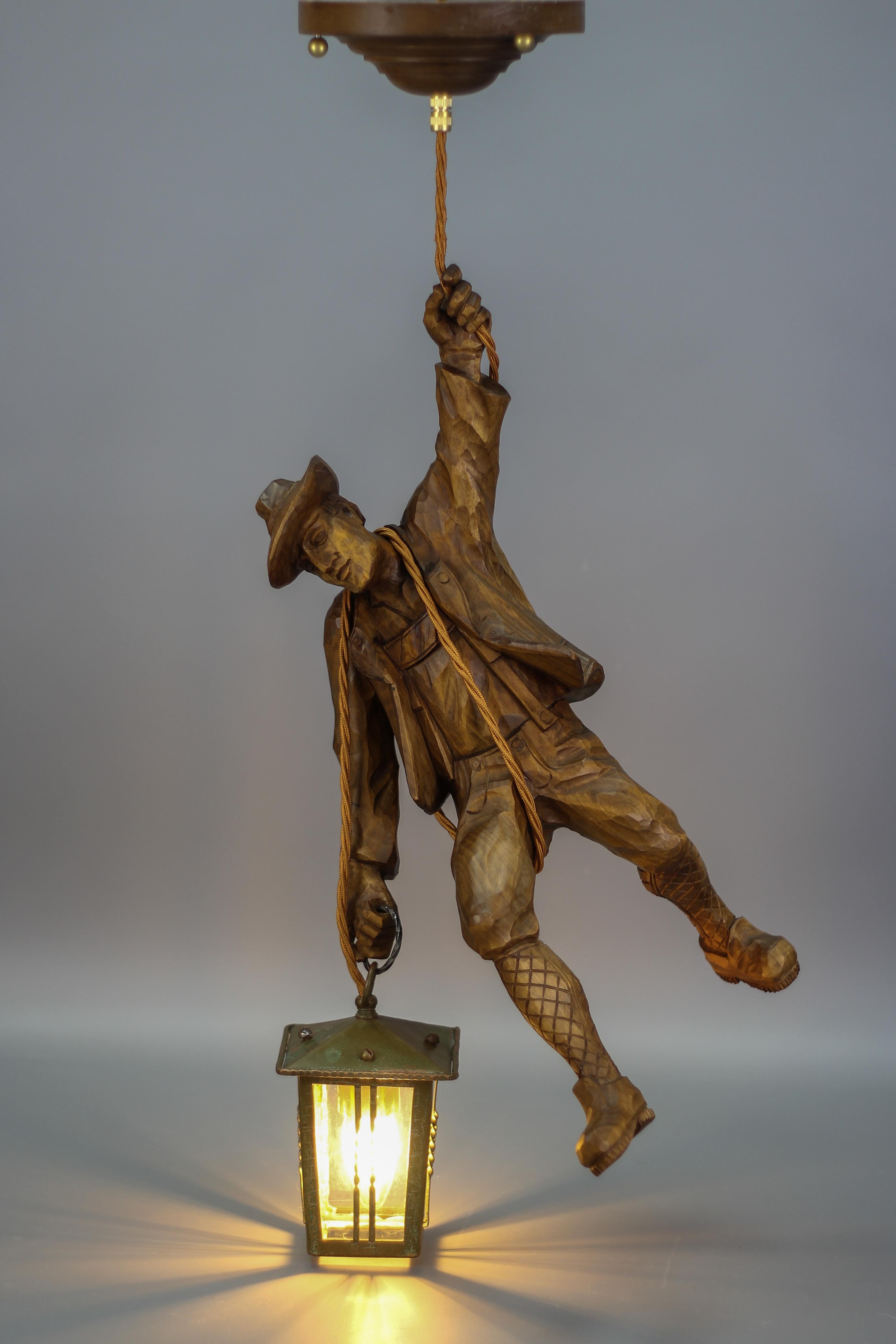 German Pendant Light with a Carved Wooden Figure of Mountain Climber and Lantern For Sale 13