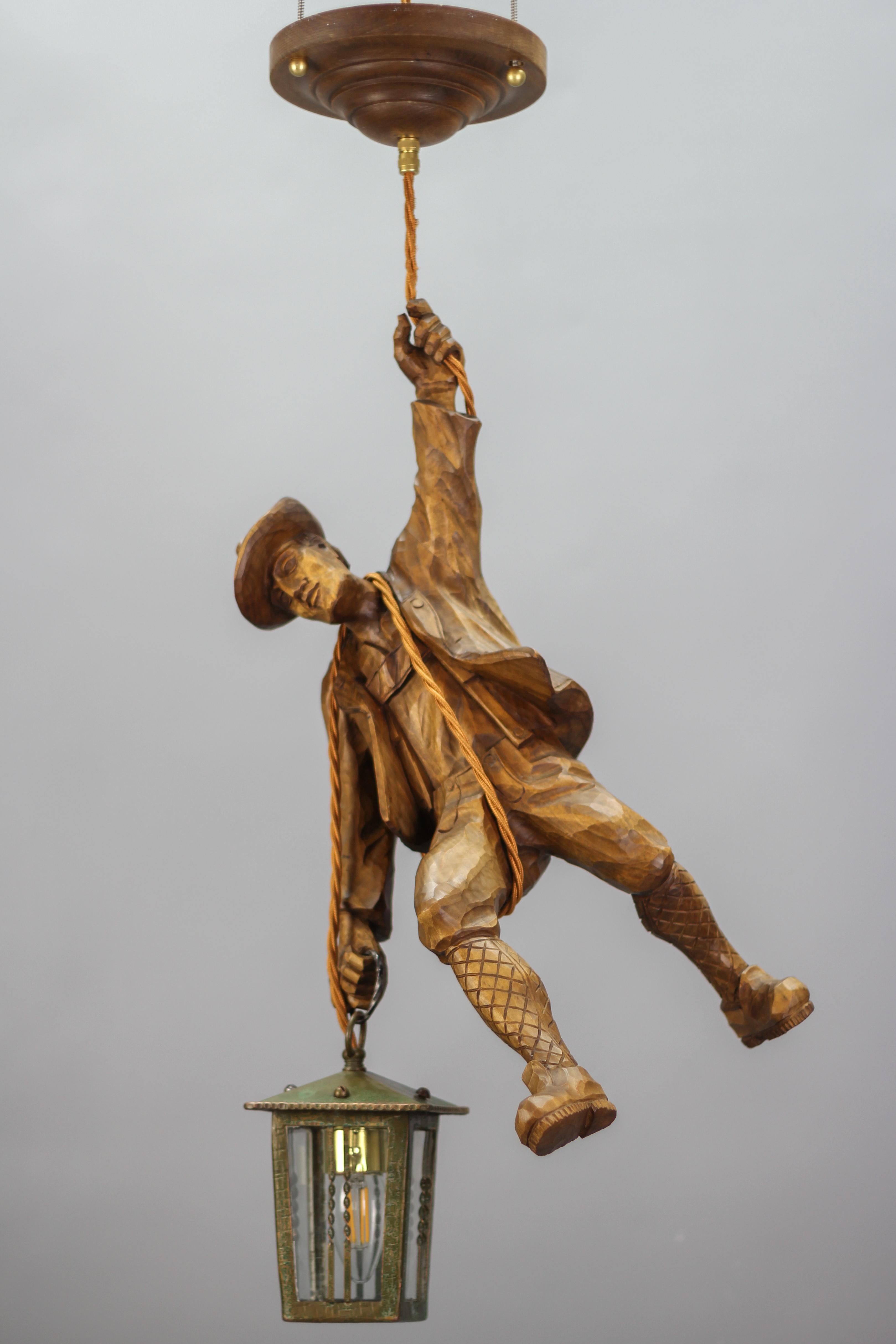 German Pendant Light with a Carved Wooden Figure of Mountain Climber and Lantern 2