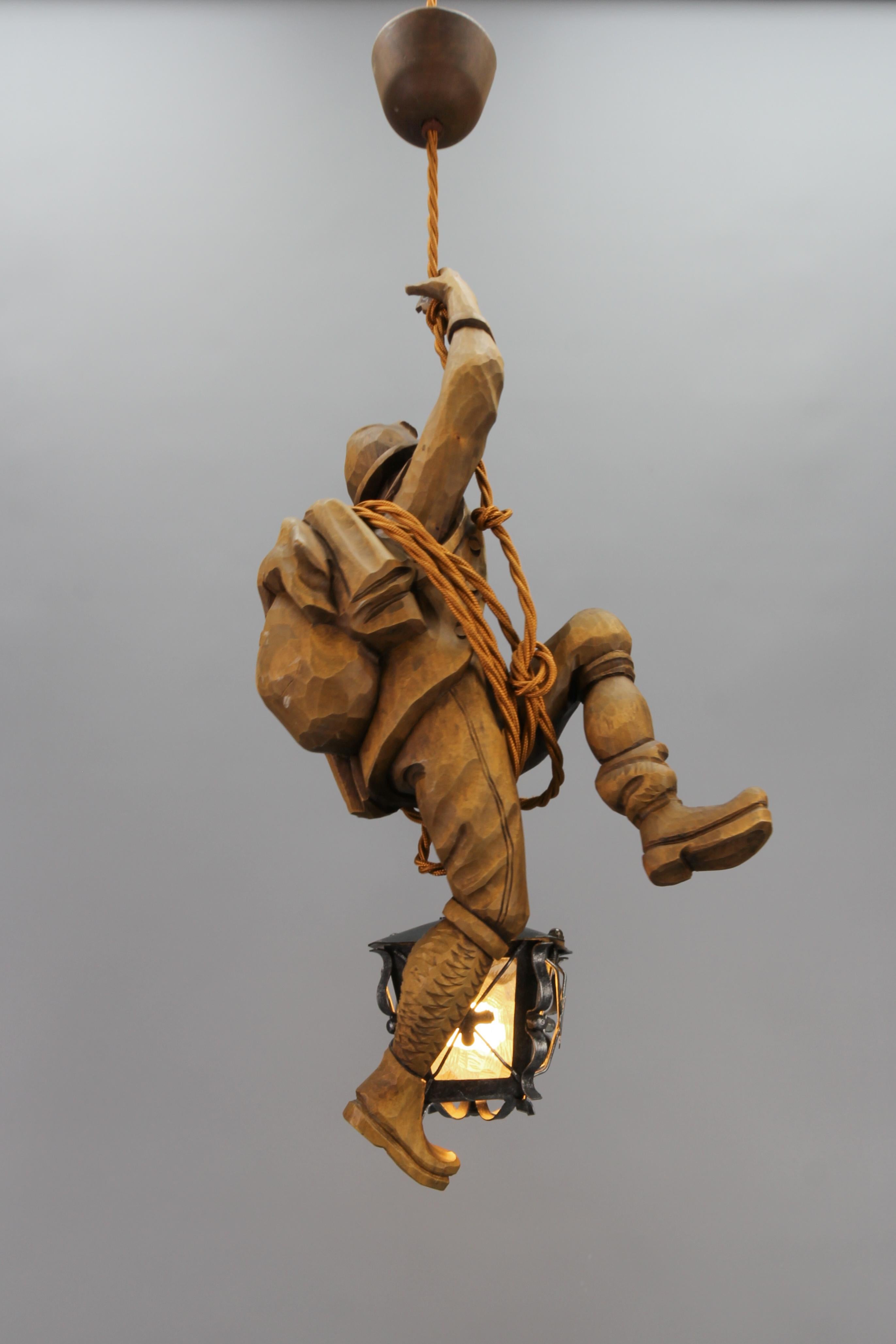 German Pendant Light with Carved Wooden Figure Mountain Climber and Lantern In Good Condition In Barntrup, DE