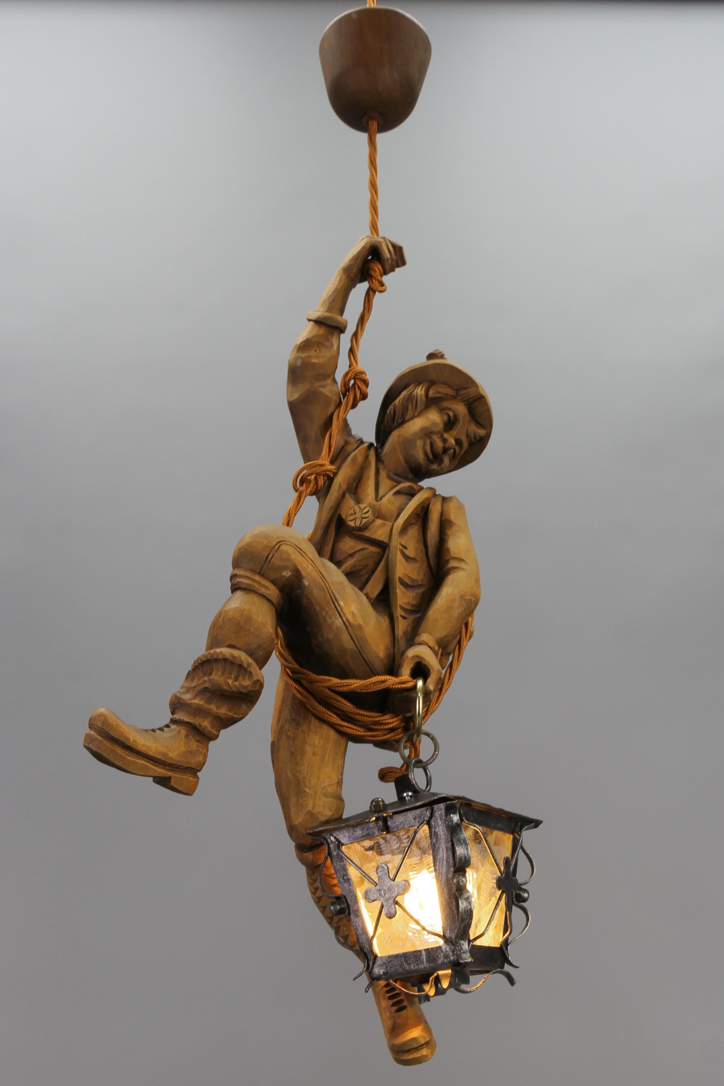 German Pendant Light with Carved Wooden Figure Mountain Climber and Lantern 3