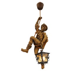 Vintage German Pendant Light with Carved Wooden Figure Mountain Climber and Lantern