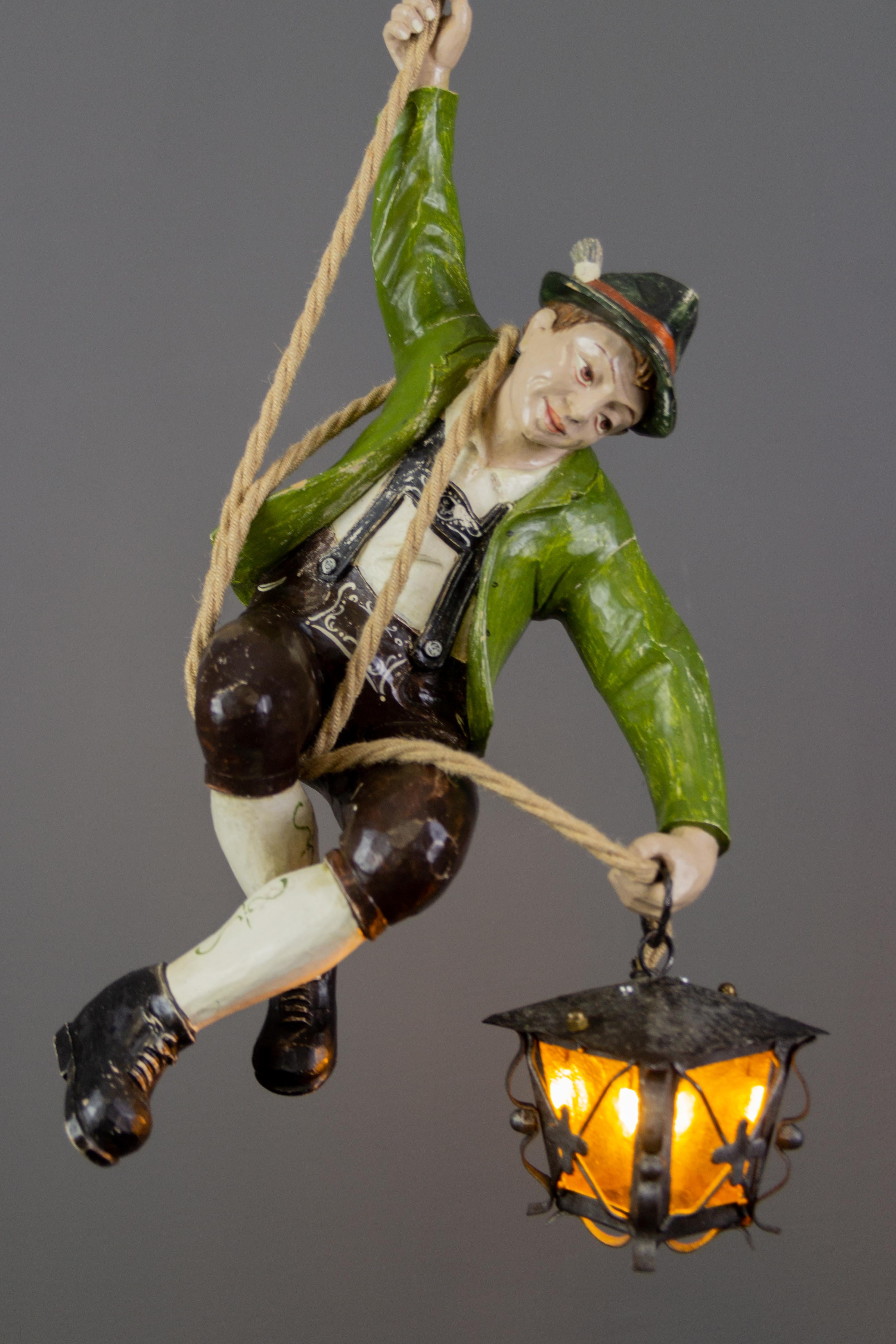 German Pendant Light with Carved Wooden Mountain Climber Figure and Lantern For Sale 13