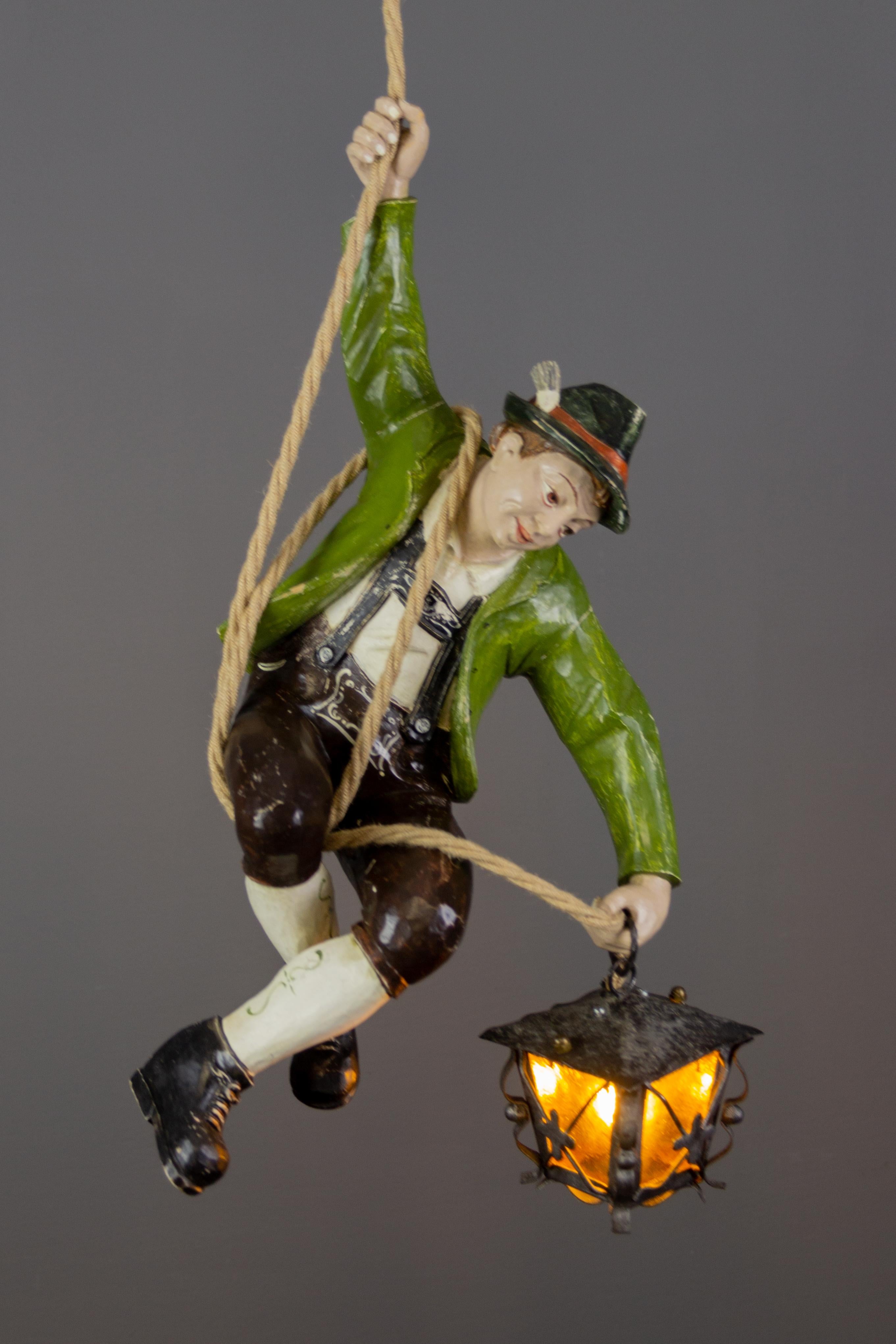 German Pendant Light with Carved Wooden Mountain Climber Figure and Lantern For Sale 2