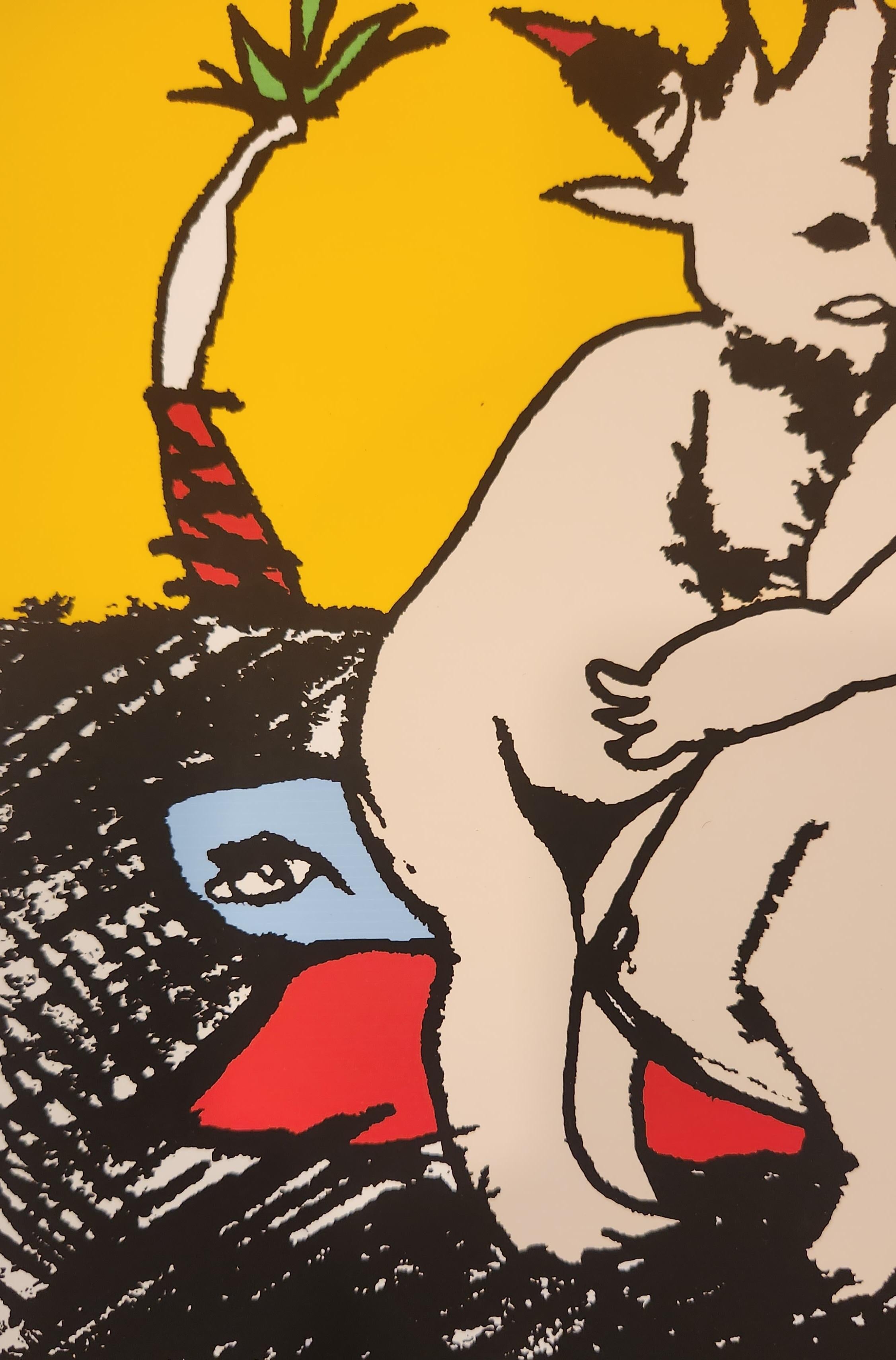 Cette estampe représente deux figures animales à cornes s'enlaçant l'une l'autre. Les deux personnages blancs sont assis ensemble sur un siège bleu et rouge vif qui contraste avec le sol à motifs. Les marques excitantes utilisées pour créer le sol