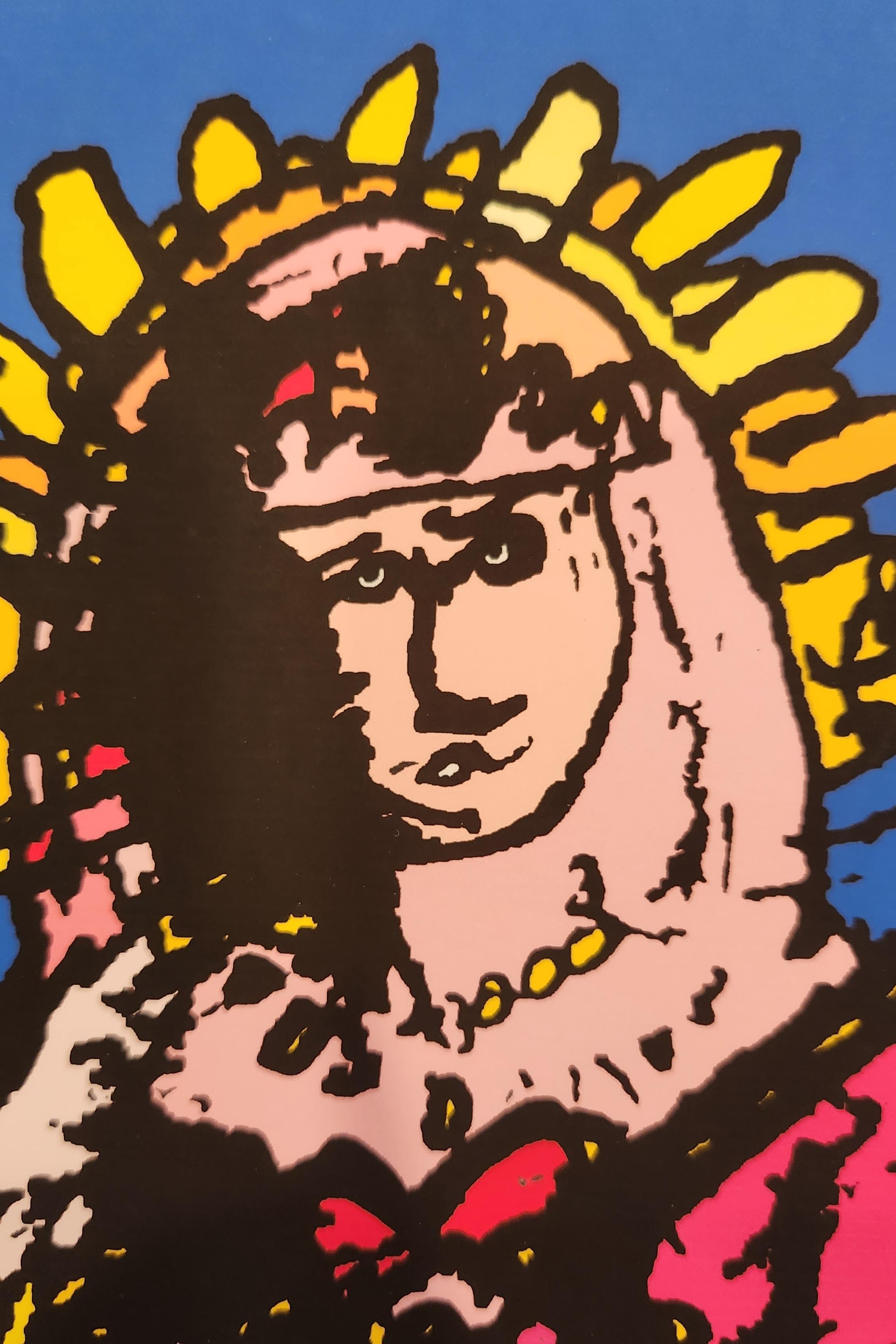 Cette lithographie représente un portrait de la Vierge entouré d'éléments caribéens. Ce travail baroque de la couleur avec des roses, des jaunes et des oranges vifs dans le sujet crée un merveilleux contraste avec le bleu audacieux de