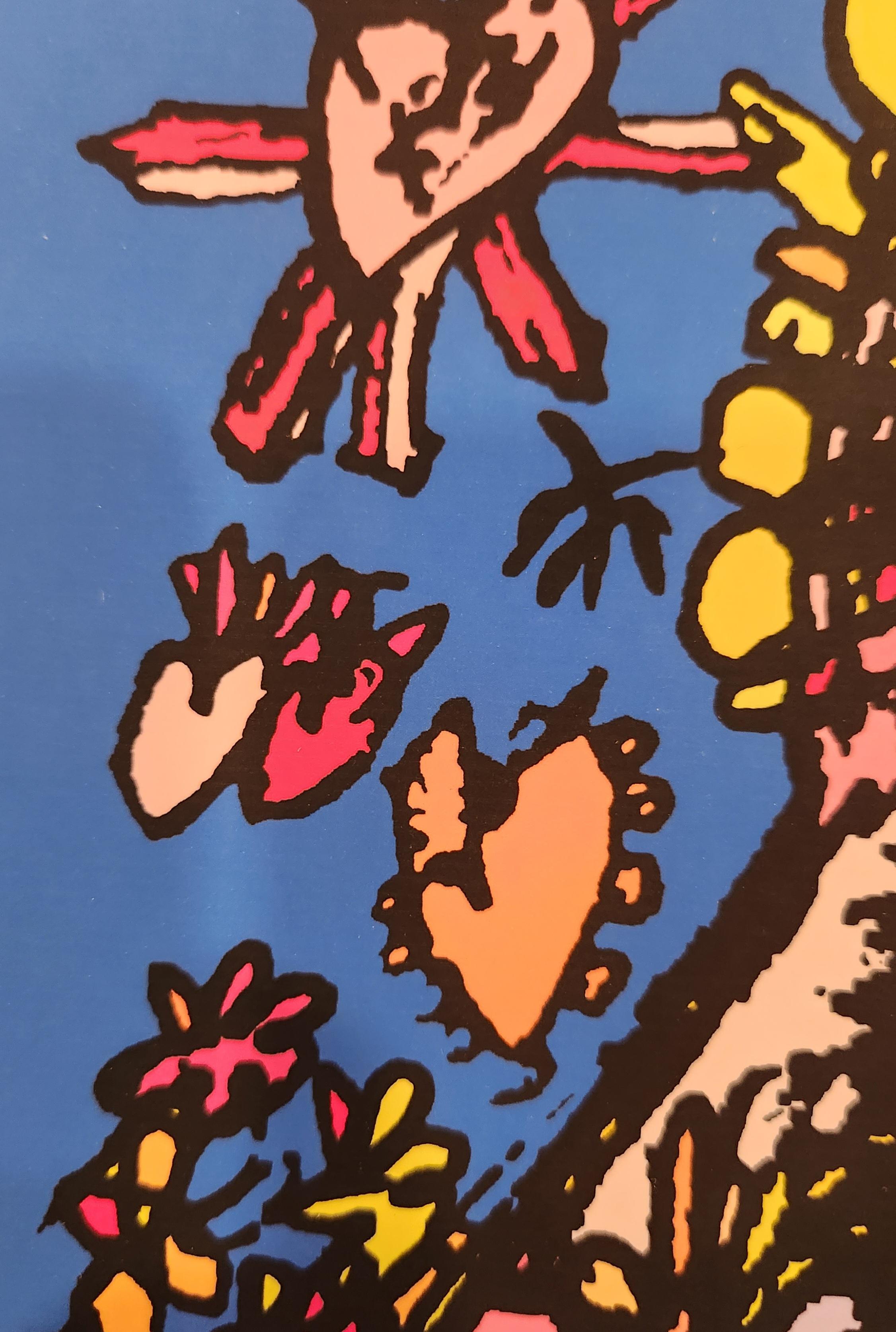 Cette lithographie représente un portrait de la Vierge entouré d'éléments caribéens. Ce travail baroque de la couleur avec des roses, des jaunes et des oranges vifs dans le sujet crée un merveilleux contraste avec le bleu audacieux de