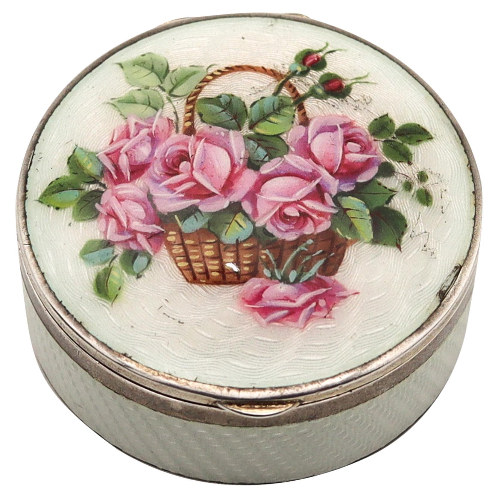 German Pforzheim 1910 Art Nouveau Guilloche Enamel Box 935 Sterling With Flowers For Sale