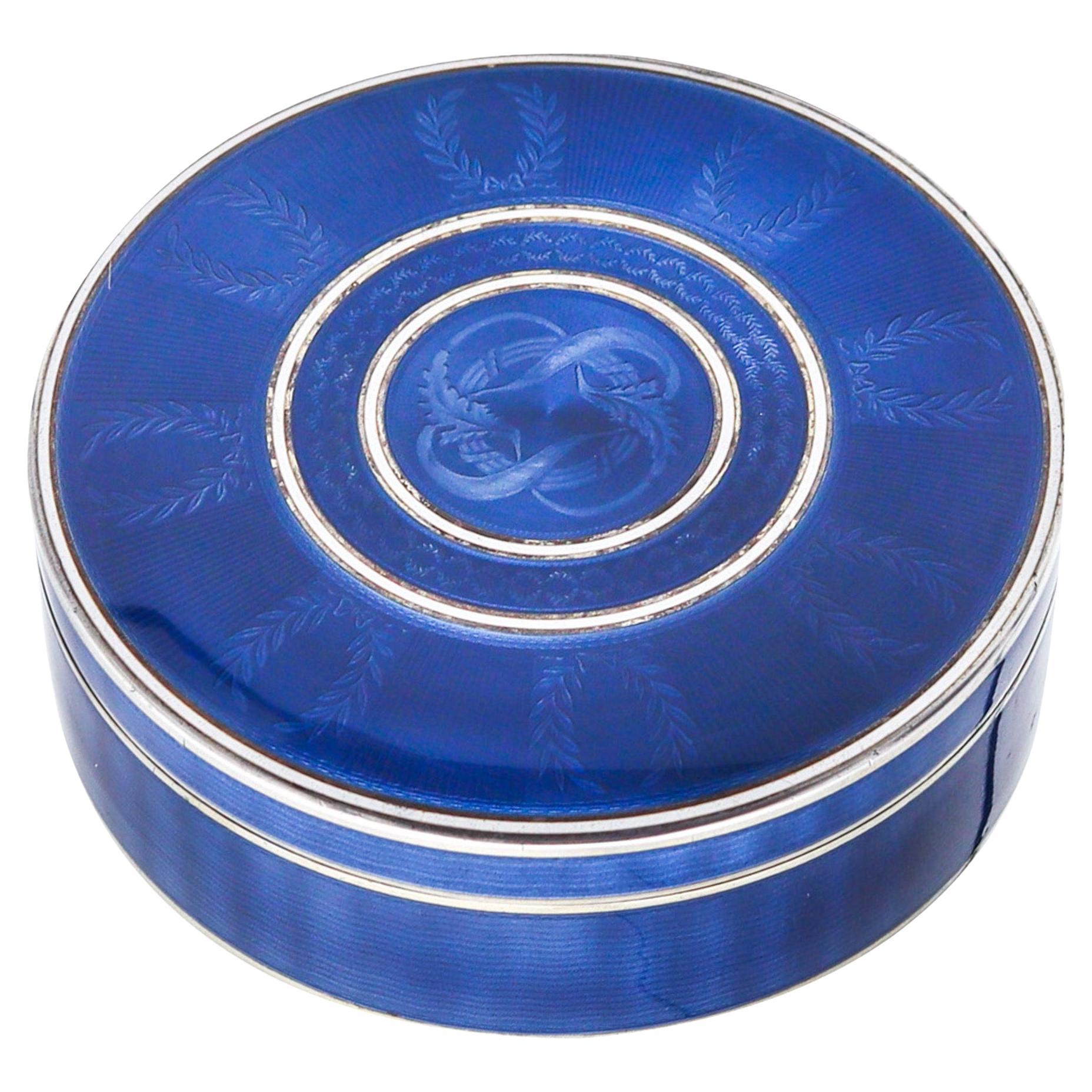 German Pforzheim 1910 Edwardian Guilloché Blue Enamel Round Box In .935 Sterling For Sale