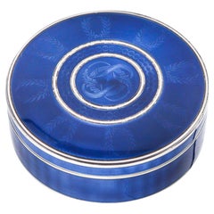 Antique German Pforzheim 1910 Edwardian Guilloché Blue Enamel Round Box In .935 Sterling