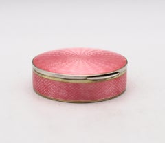 German Pforzheim 1910 Guilloche Pink Enamel Round Box In .935 Sterling Silver