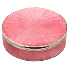 German Pforzheim 1910 Guilloche Pink Enamel Round Box In .935 Sterling Silver