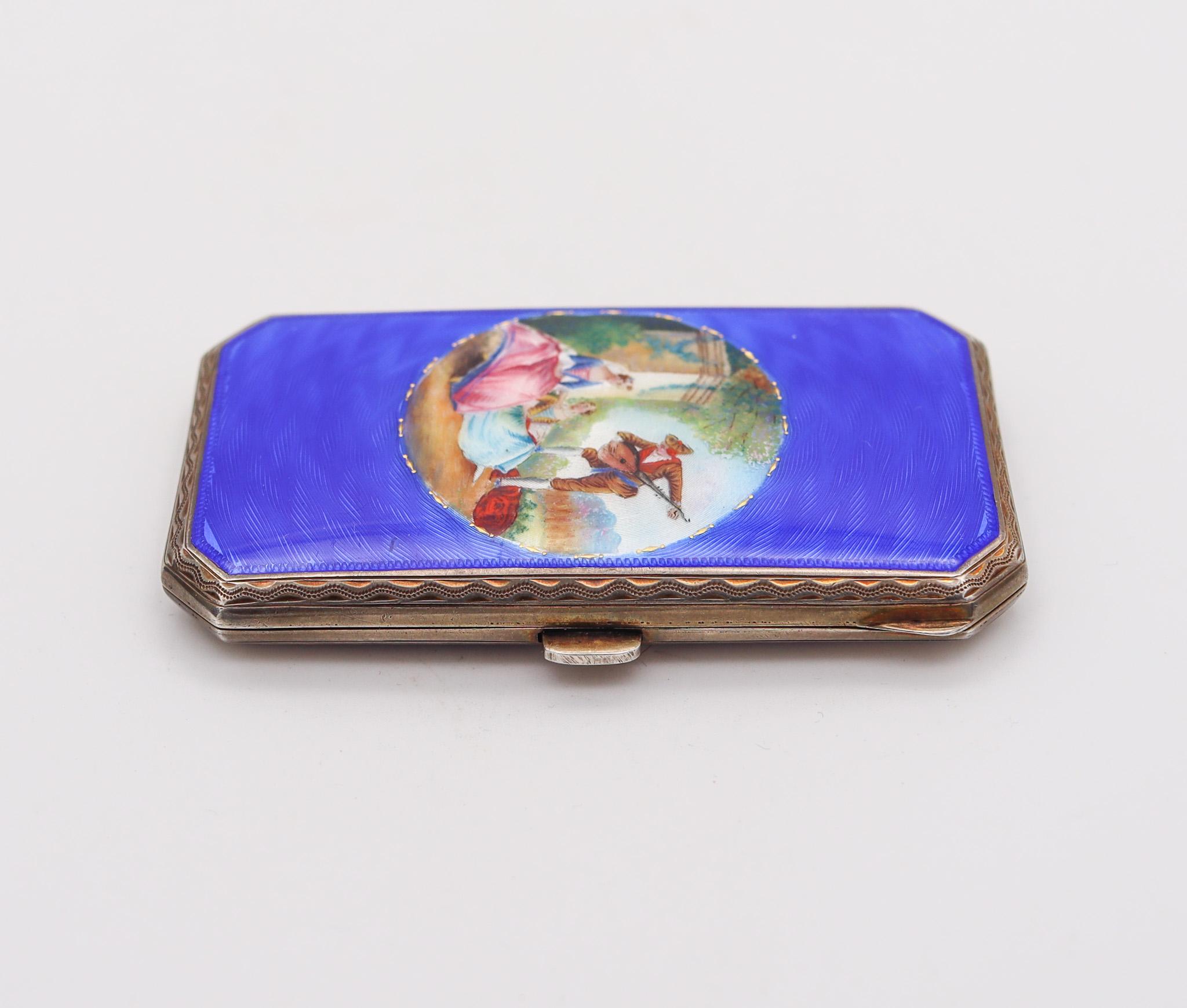 Polished German Pforzheim 1915 Art Deco Guilloché Enameled Box In .935 Sterling Silver For Sale
