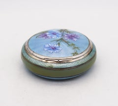 German Pforzheim 1917 Guilloche Enamel Round Box In .935 Sterling With Flowers