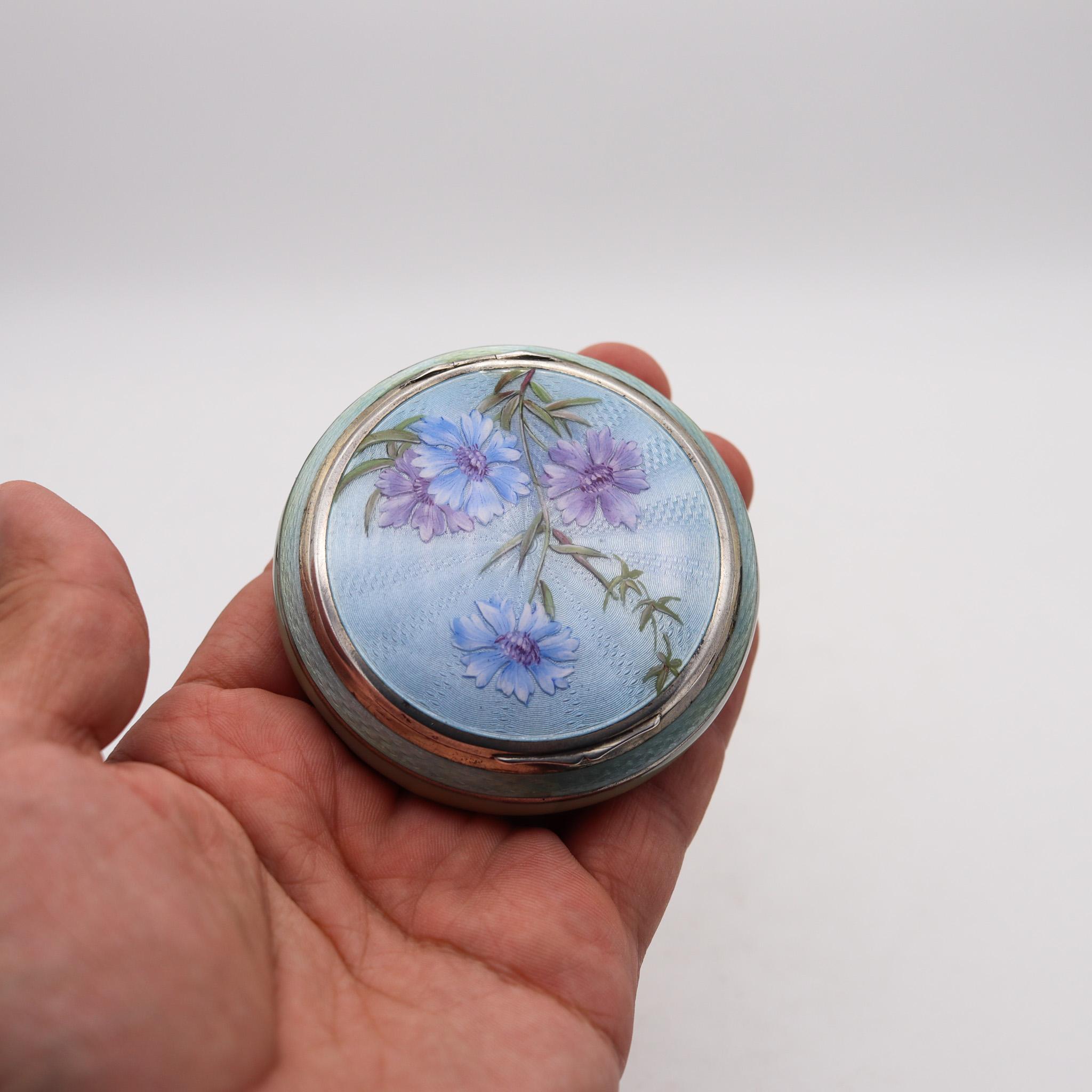 German Pforzheim 1917 Guilloche Enamel Round Box In .935 Sterling With Flowers For Sale 1