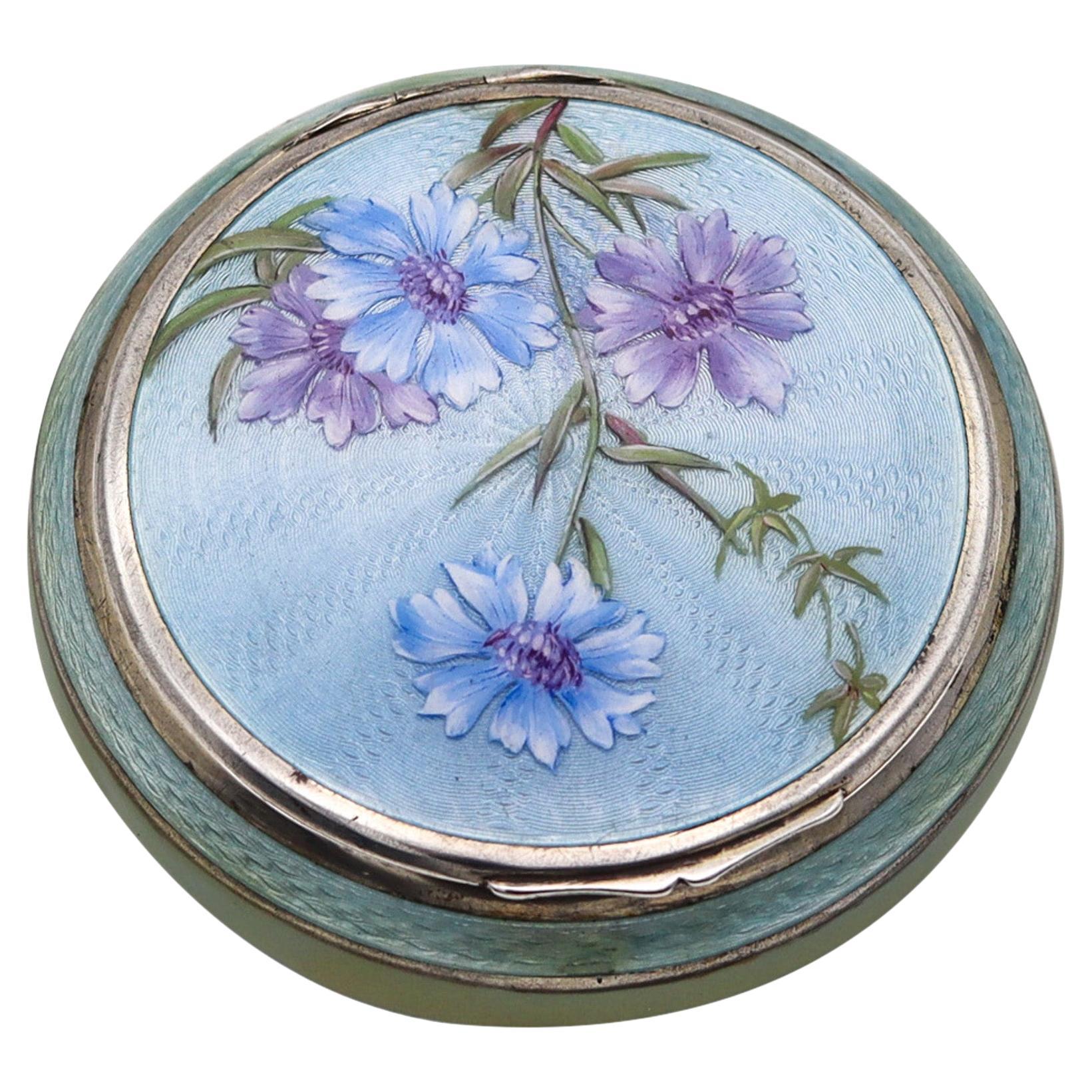 German Pforzheim 1917 Guilloche Enamel Round Box In .935 Sterling With Flowers For Sale