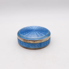 German Pforzheim 1920 Guilloche Blue Enamel Round Box In .935 Sterling Silver