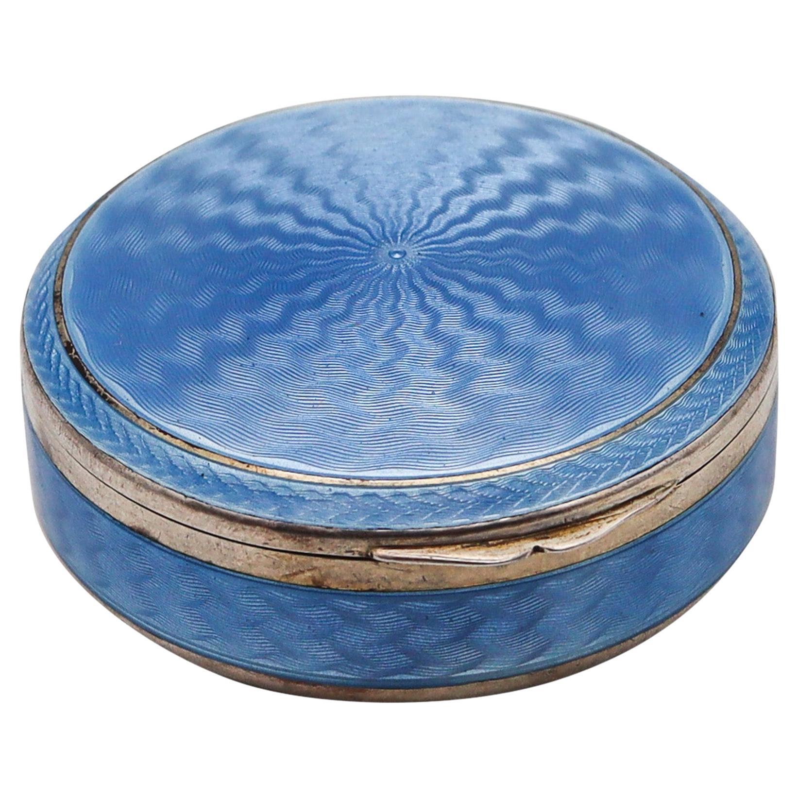 German Pforzheim 1920 Guilloche Blue Enamel Round Box In .935 Sterling Silver For Sale