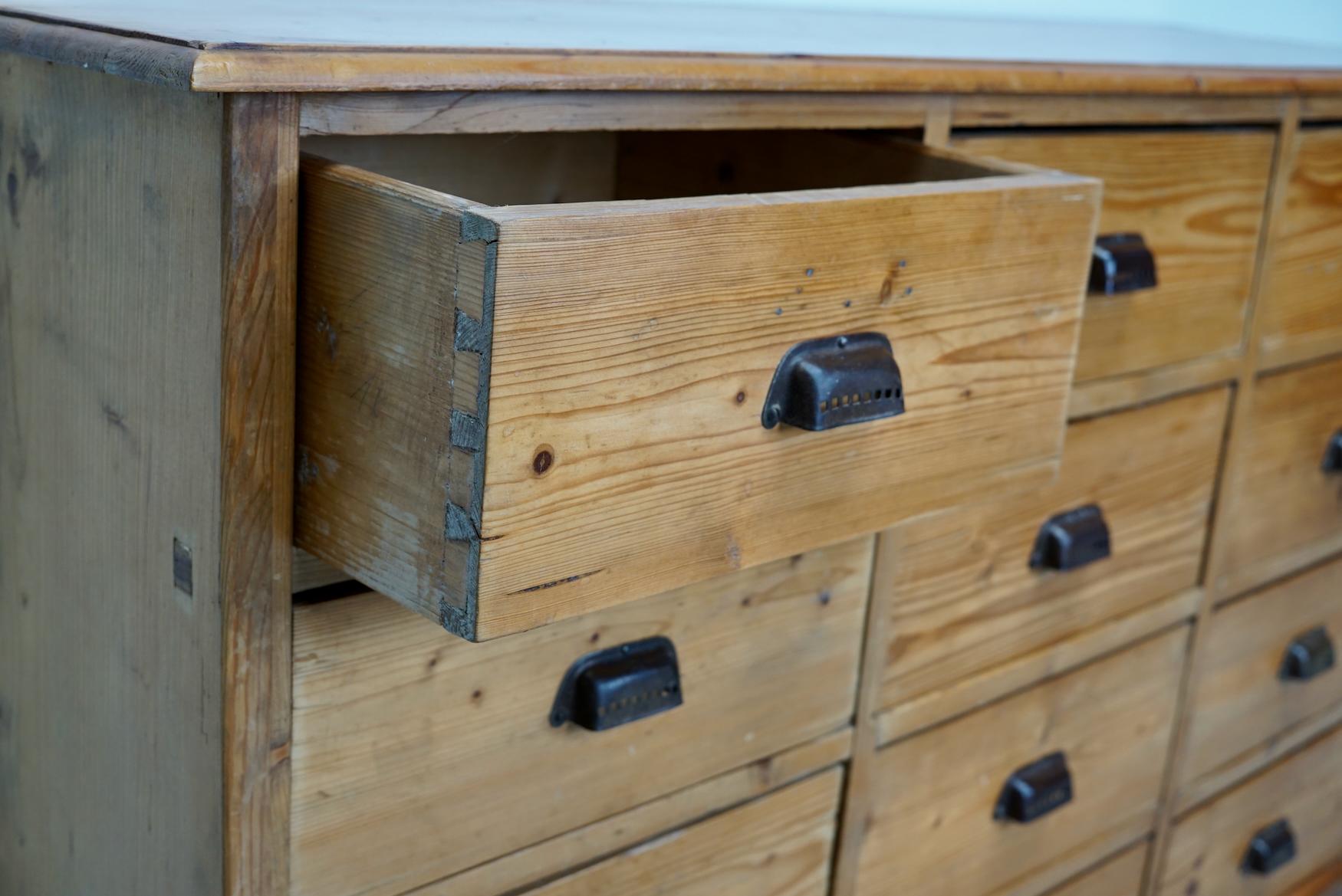 German Pine Apothecary Cabinet or Bank of Drawers, ca 1930s 11