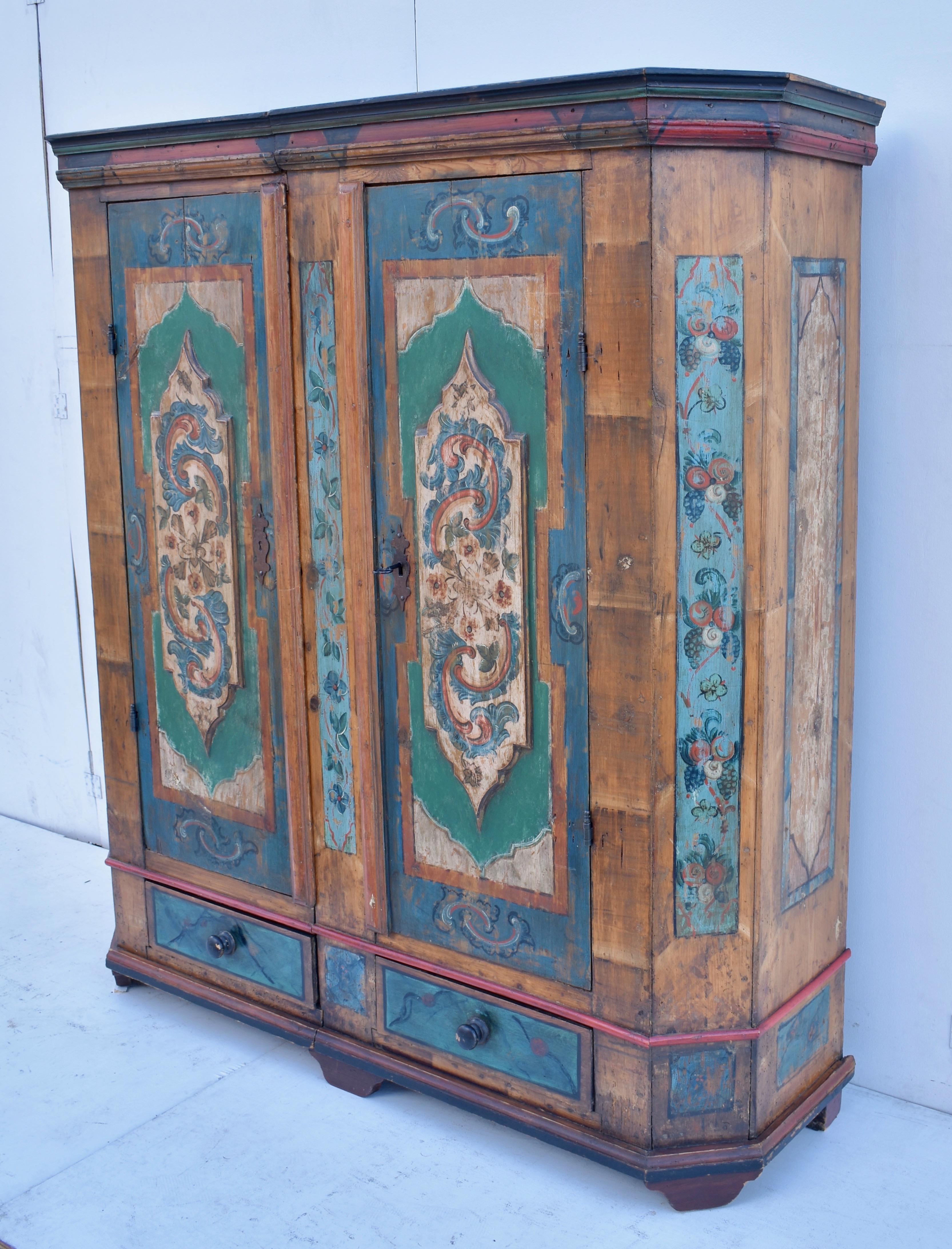 Hand-Painted German Pine Baroque Armoire in Original Decorative Paint