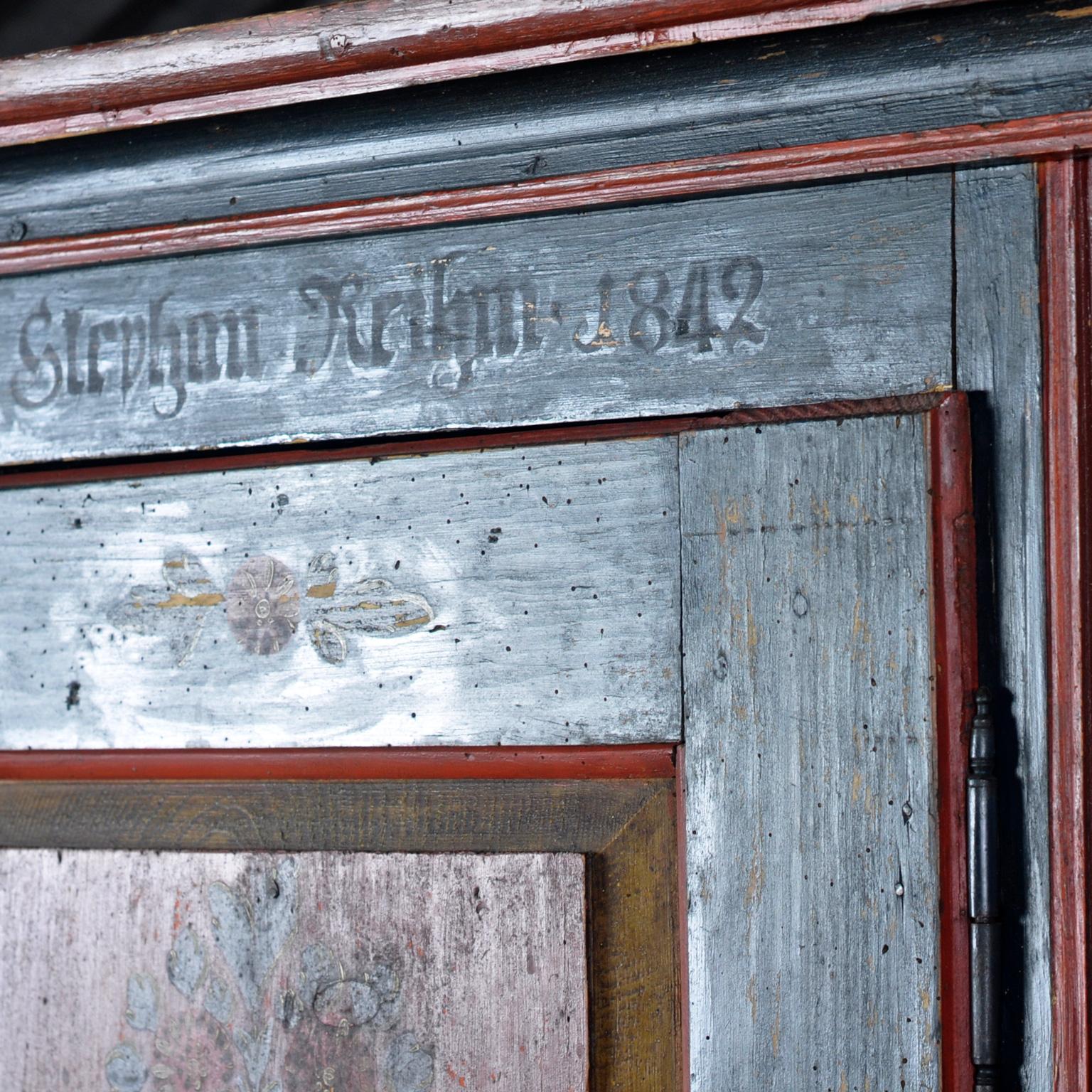 German Pine Painted Wedding Cabinet, anno 1842 7