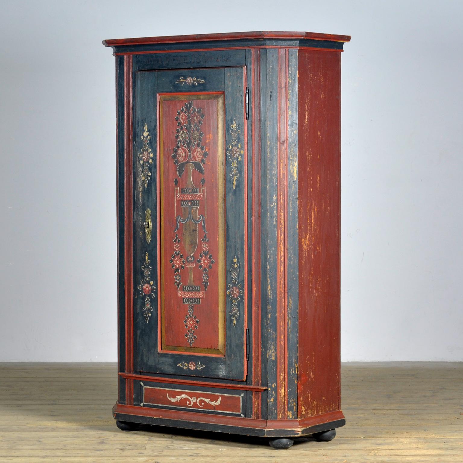 Folk Art German Pine Painted Wedding Cabinet, anno 1842