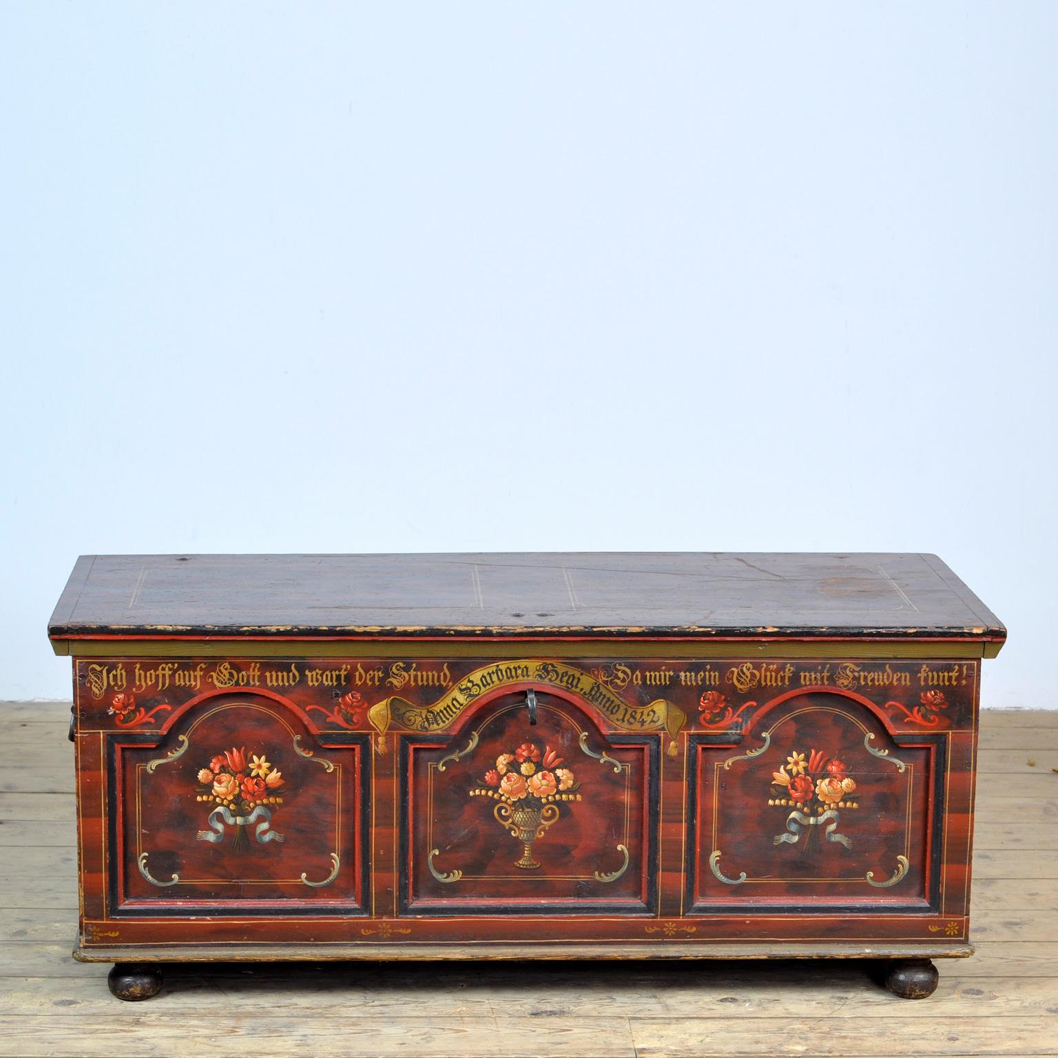 Picturesque German dowry chest made for one Anna Barbara Hegi in 1842. These chests were typically part of a young woman's dowry, filled with her linens and silver to move into her new home after marriage. details. The beautiful hand-forged iron