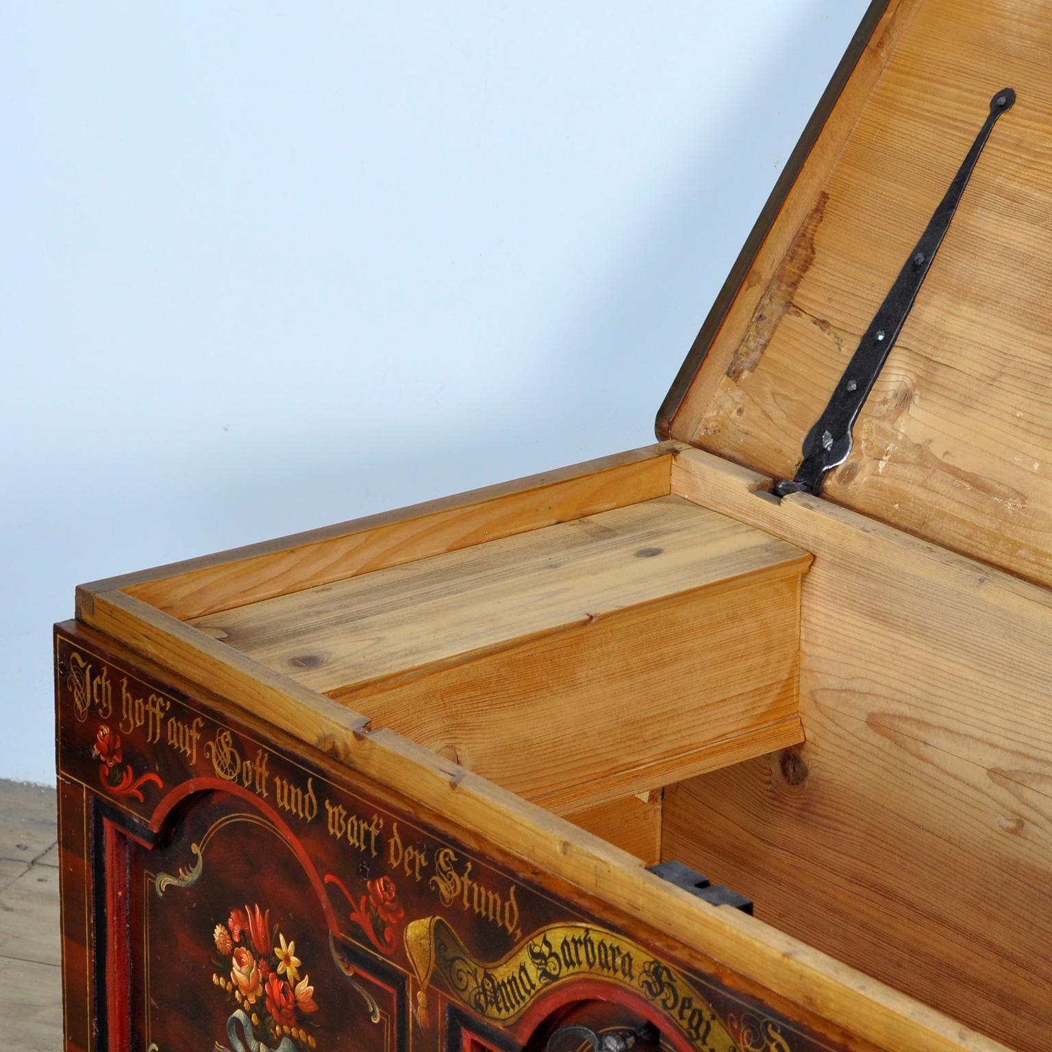 Hand-Painted German Pine Wedding Chest from 1842