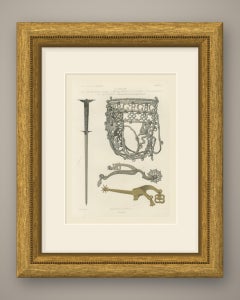 German Poniard, Horse Muzzle and Spurs, Antique Print, 1851