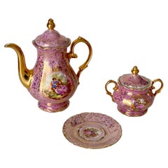 German Porcelain, 3 Pieces of Coffee Tea Service, Pink and Color, Germany, 1950