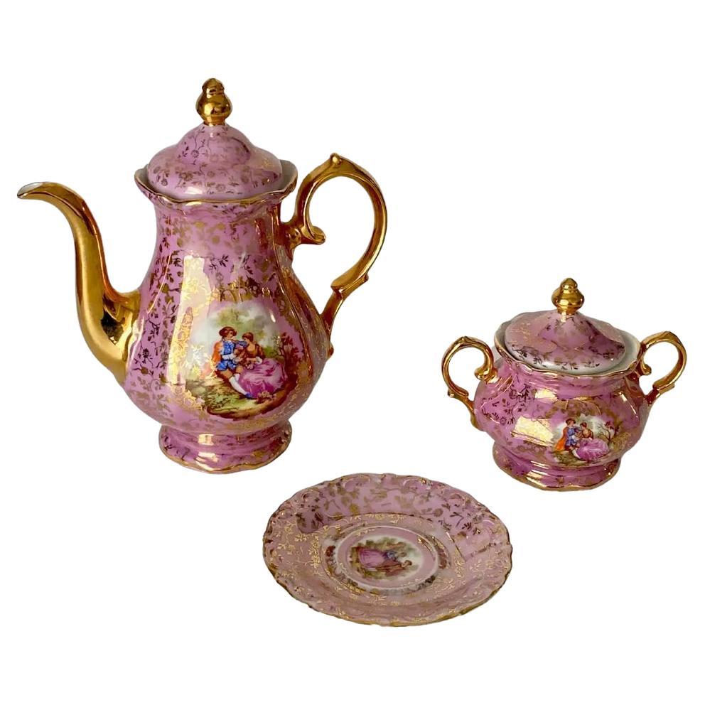 Porcelaine allemande, service à café et thé de 3 pièces, rose et couleur, Allemagne, 1950