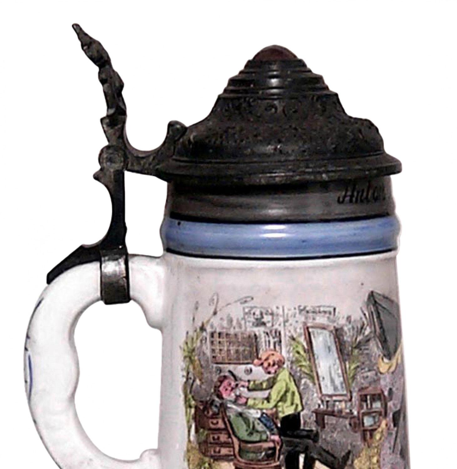 Deutscher Beer Stein aus Porzellan und Zinn (Biedermeier) im Angebot