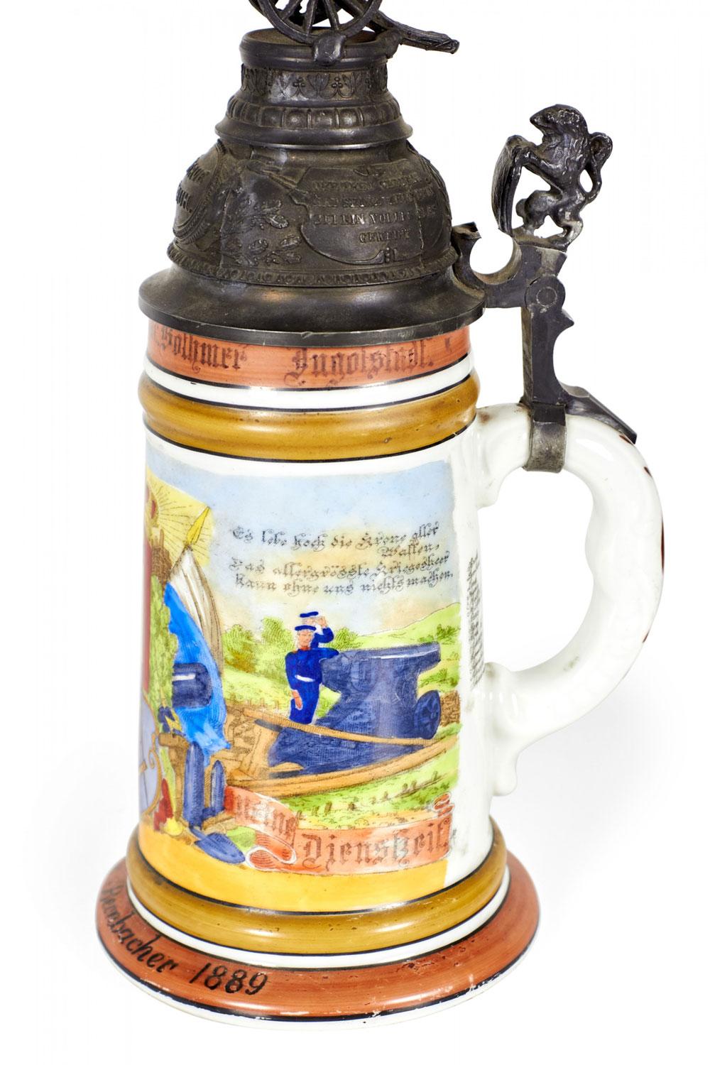 Biedermeier Stein à bière allemand en porcelaine et étain en vente