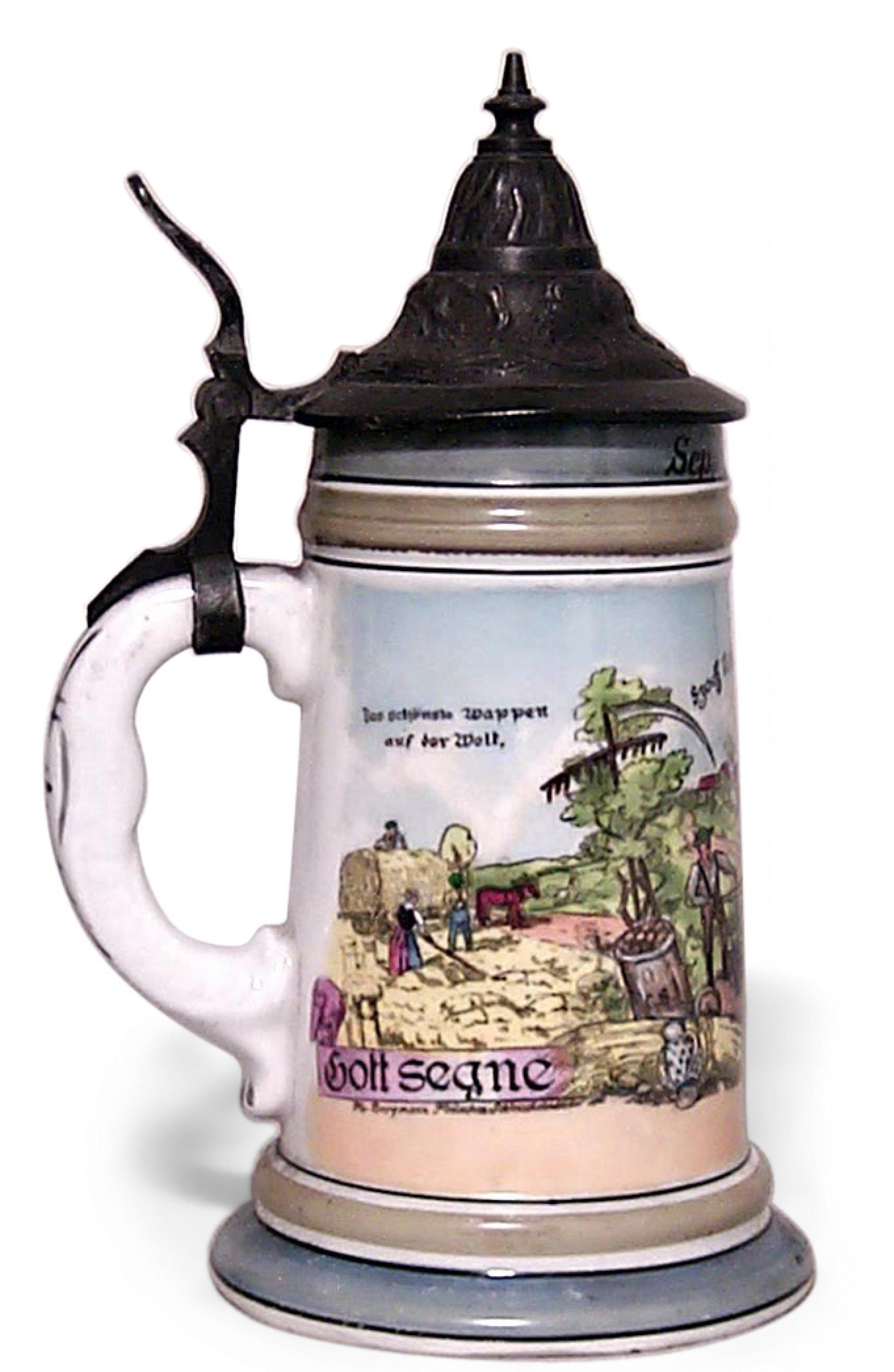 Allemand Stein à bière allemand en porcelaine et étain en vente