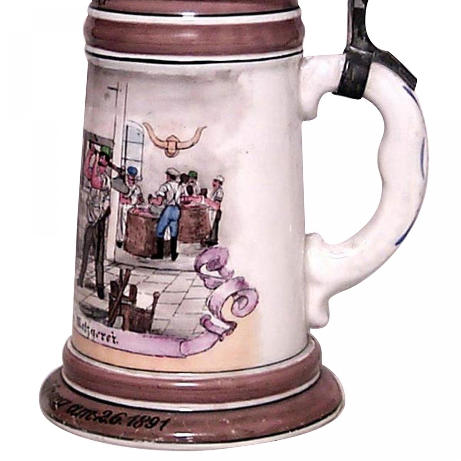 German Porcelain and Pewter Beer Stein im Zustand „Gut“ im Angebot in Queens, NY