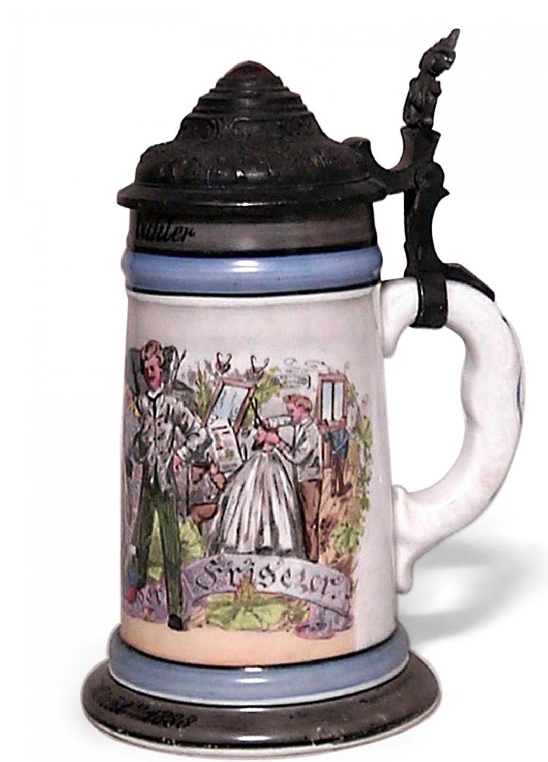 Deutscher Beer Stein aus Porzellan und Zinn (20. Jahrhundert) im Angebot