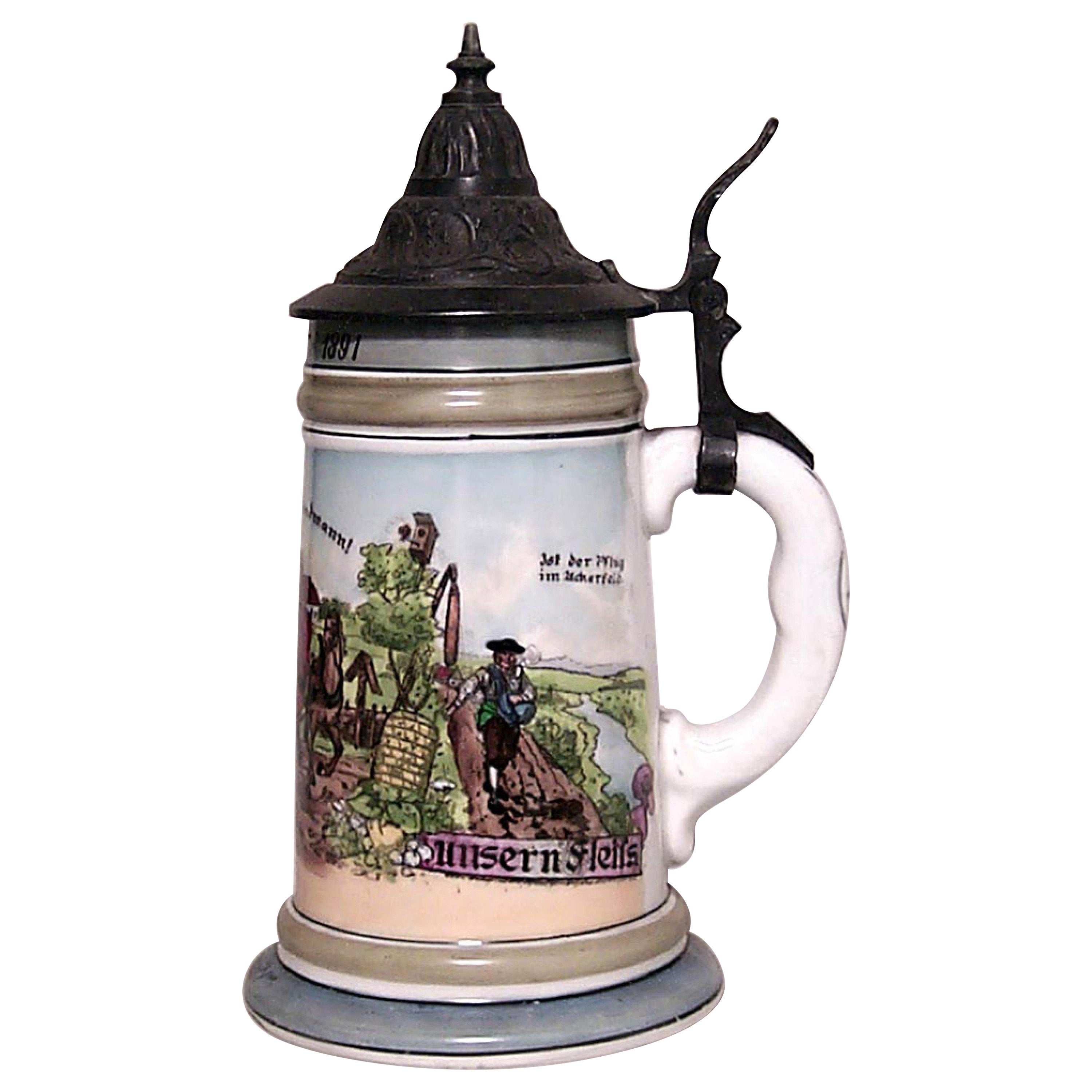 Stein à bière allemand en porcelaine et étain en vente